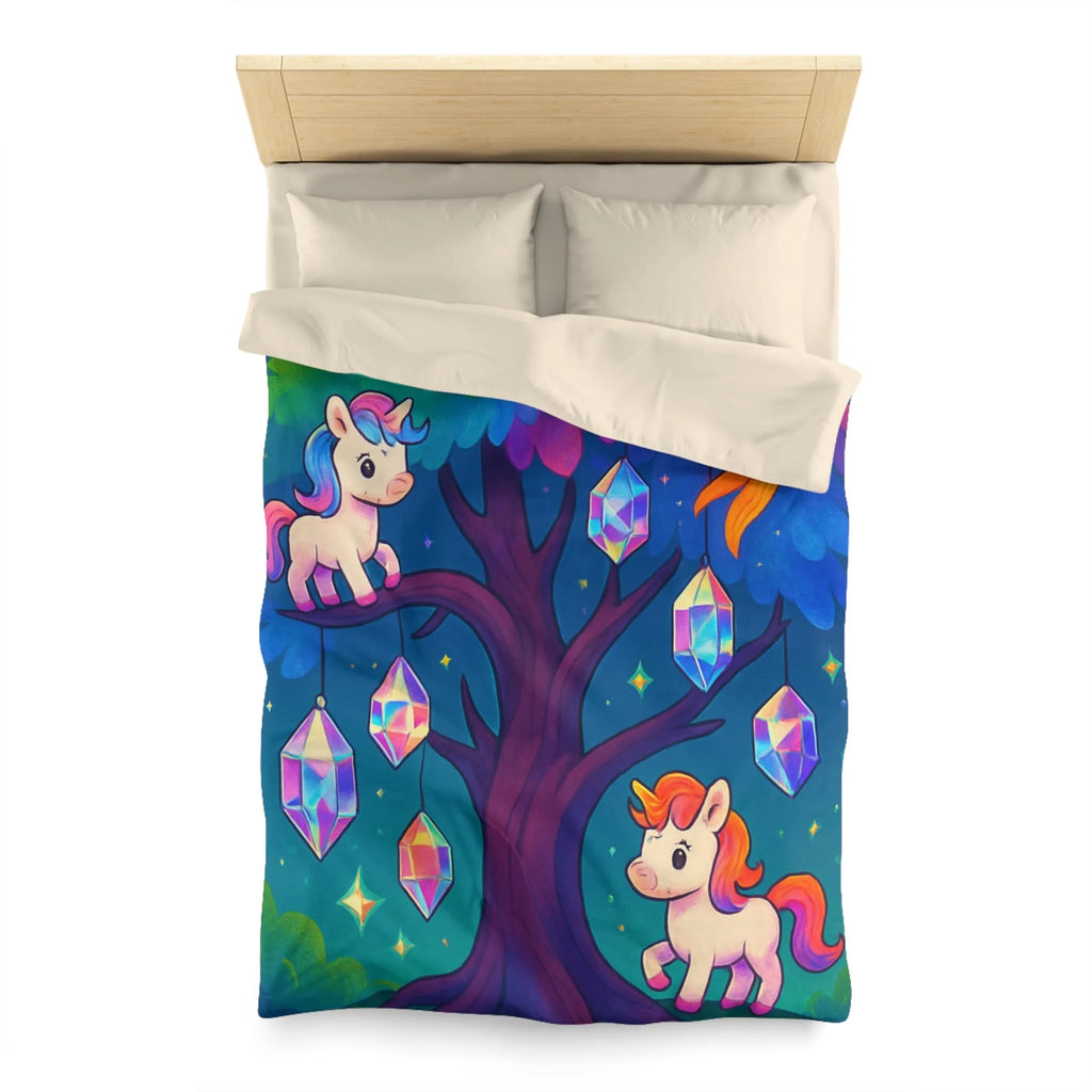Housse de couette enfantine avec licornes, phénix, arbre magique et cristaux lumineux