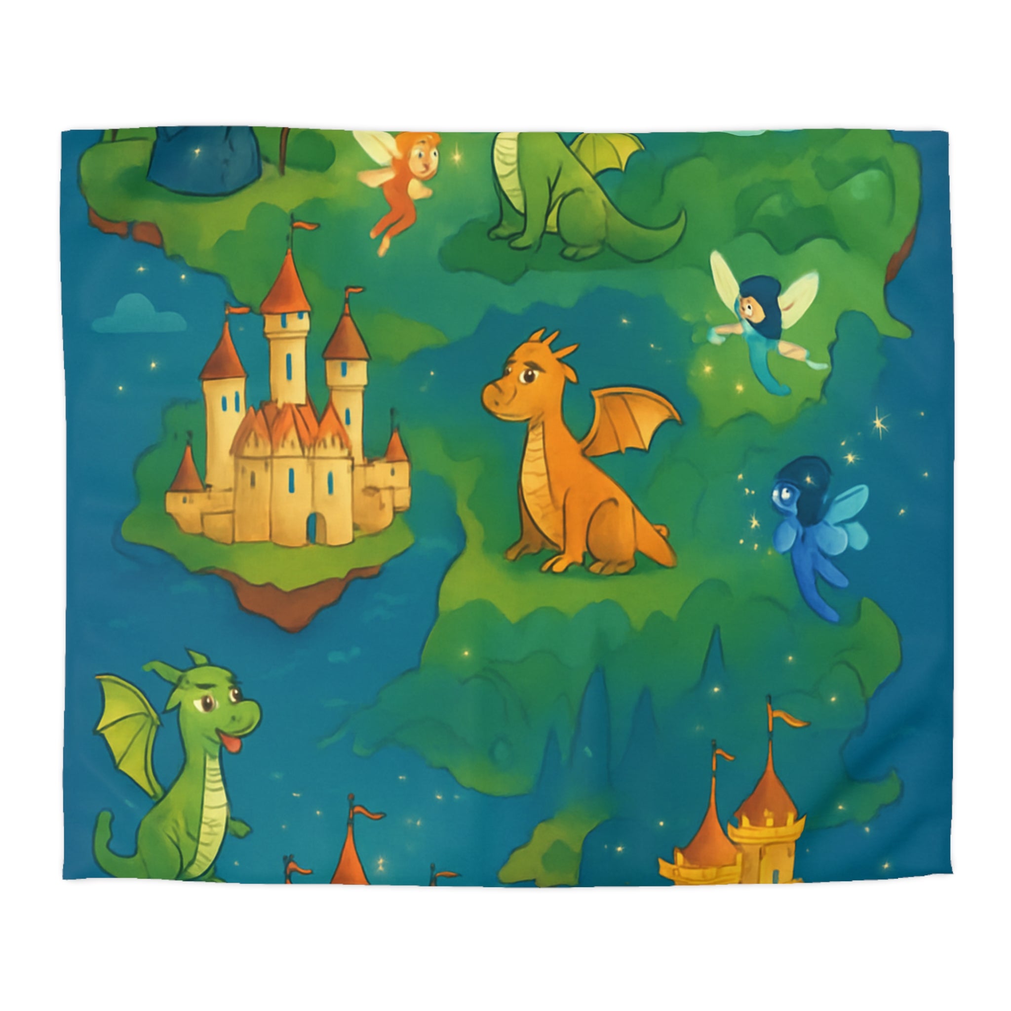 Housse de couette thématique féerique avec dragons, châteaux et un sorcier rêveur