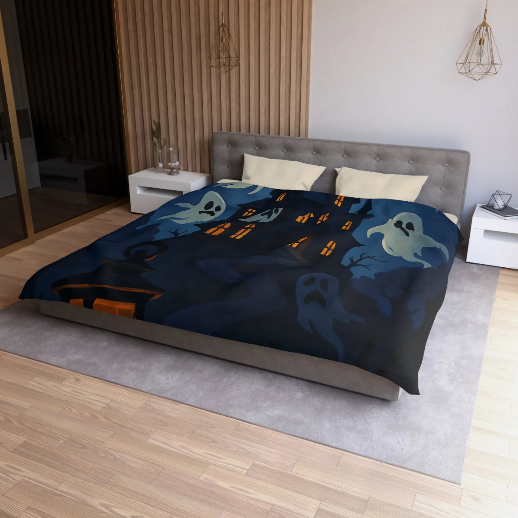 Housse de couette avec château hanté, fantômes, ciel orageux et lanterne mystérieuse