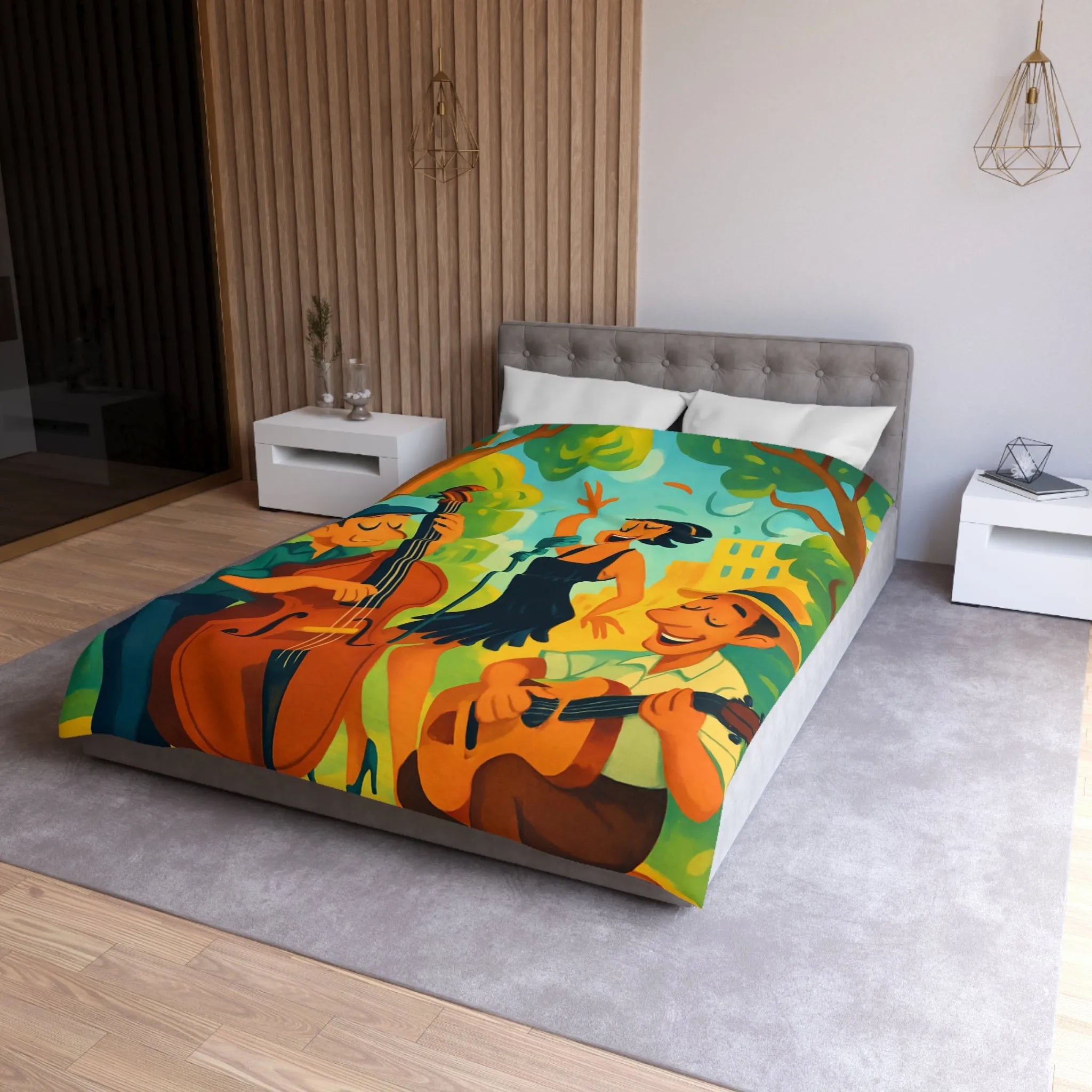 Housse de couette colorée avec scène musicale rétro dans un parc ensoleillé