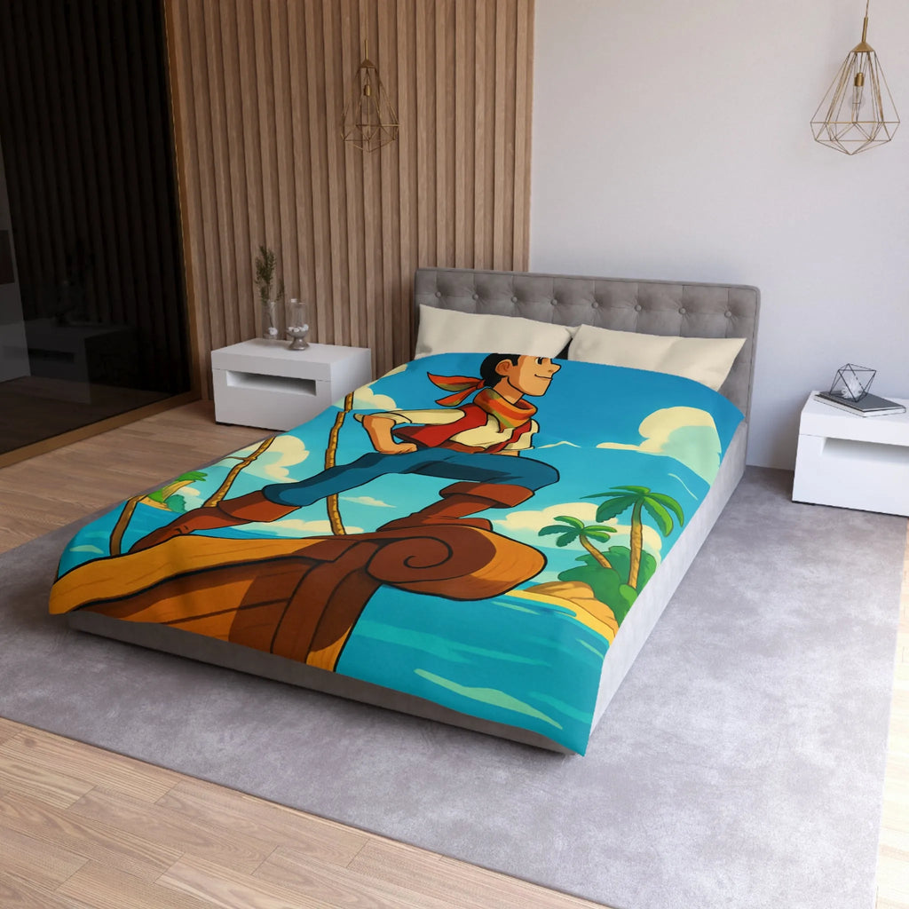 Housse de couette avec illustration de marin aventurier naviguant parmi palmiers et mer azur