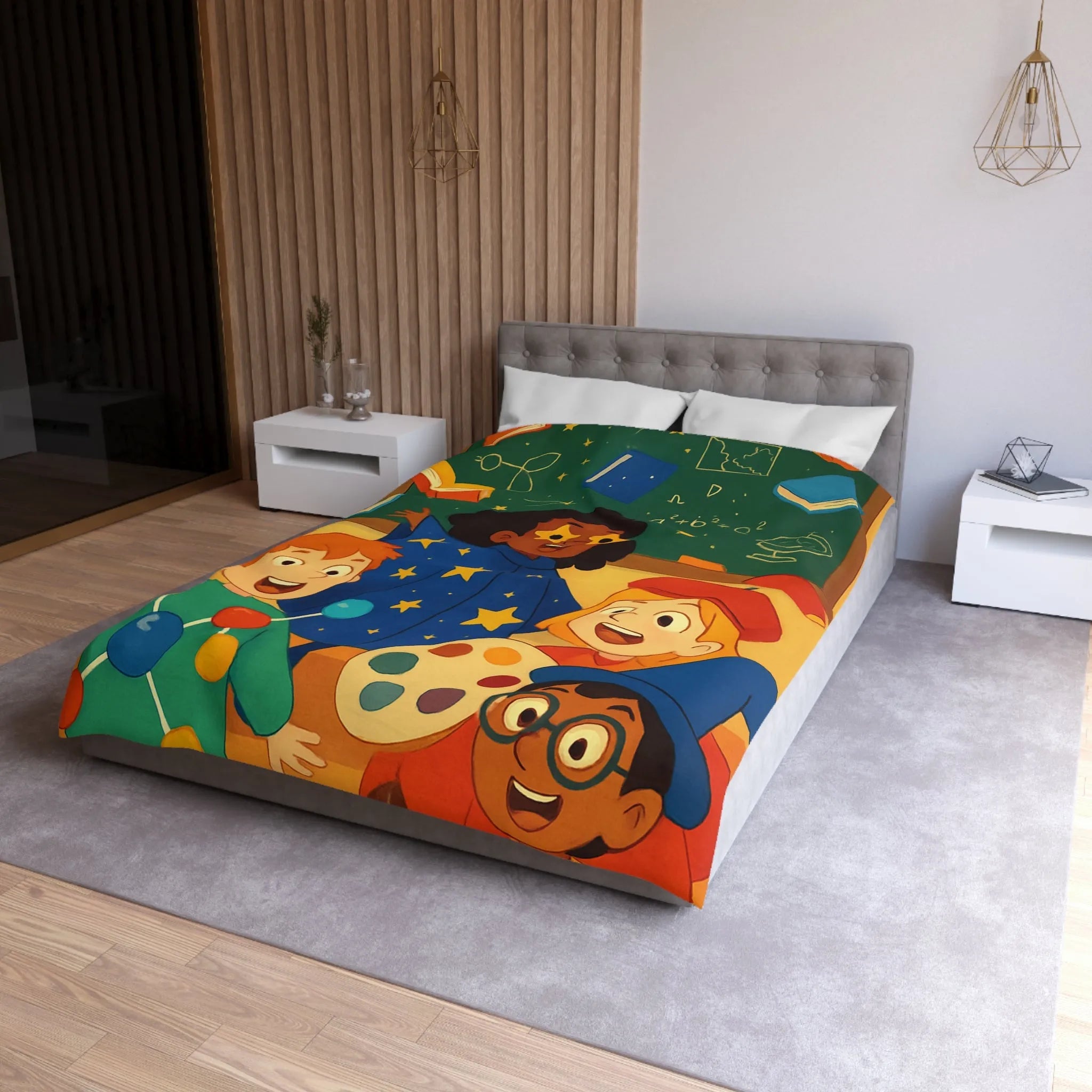 Housse de couette éducative colorée avec enfants et univers de l'apprentissage joyeux