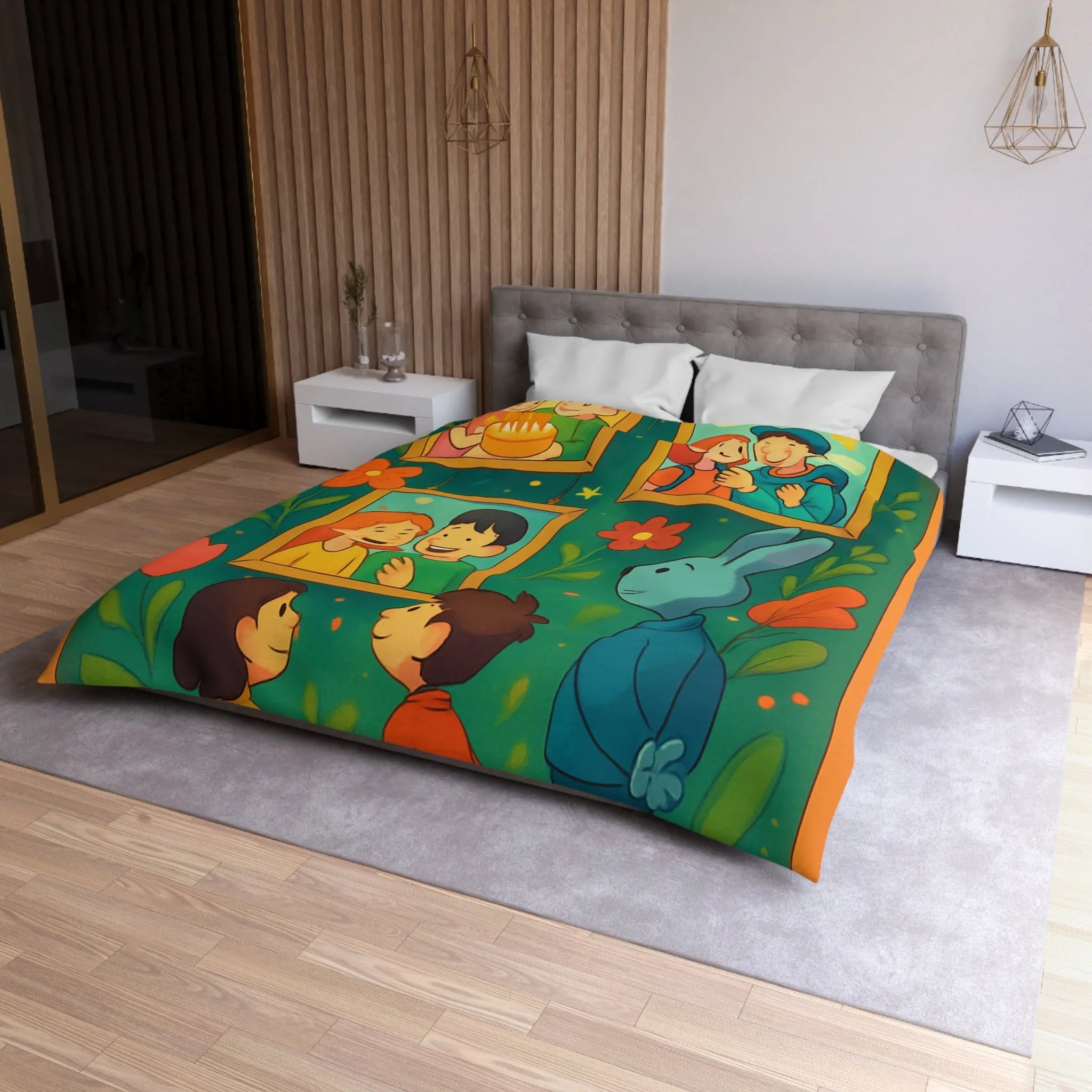 Housse de couette colorée et joyeuse avec famille, nature et motifs floraux