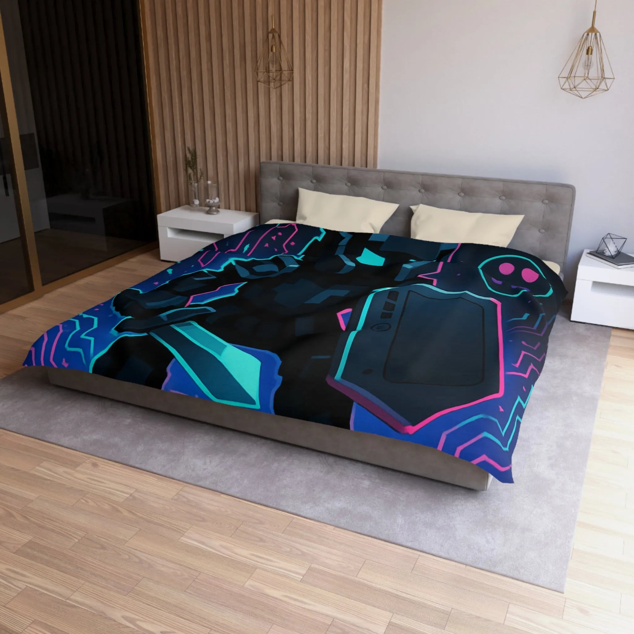 Housse de Couette avec Guerrier Pixel Art et Éléments Numériques Lumineux Nocturnes