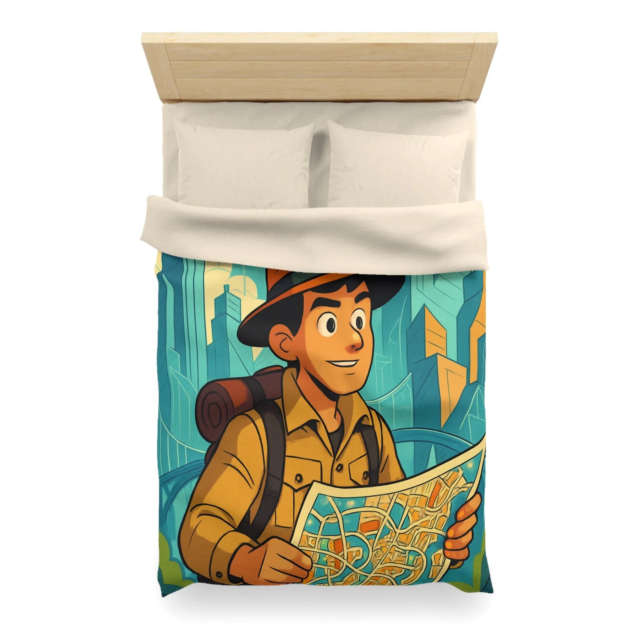 Découverte urbaine vibrante : jeune explorateur avec carte et gratte-ciels illustrés