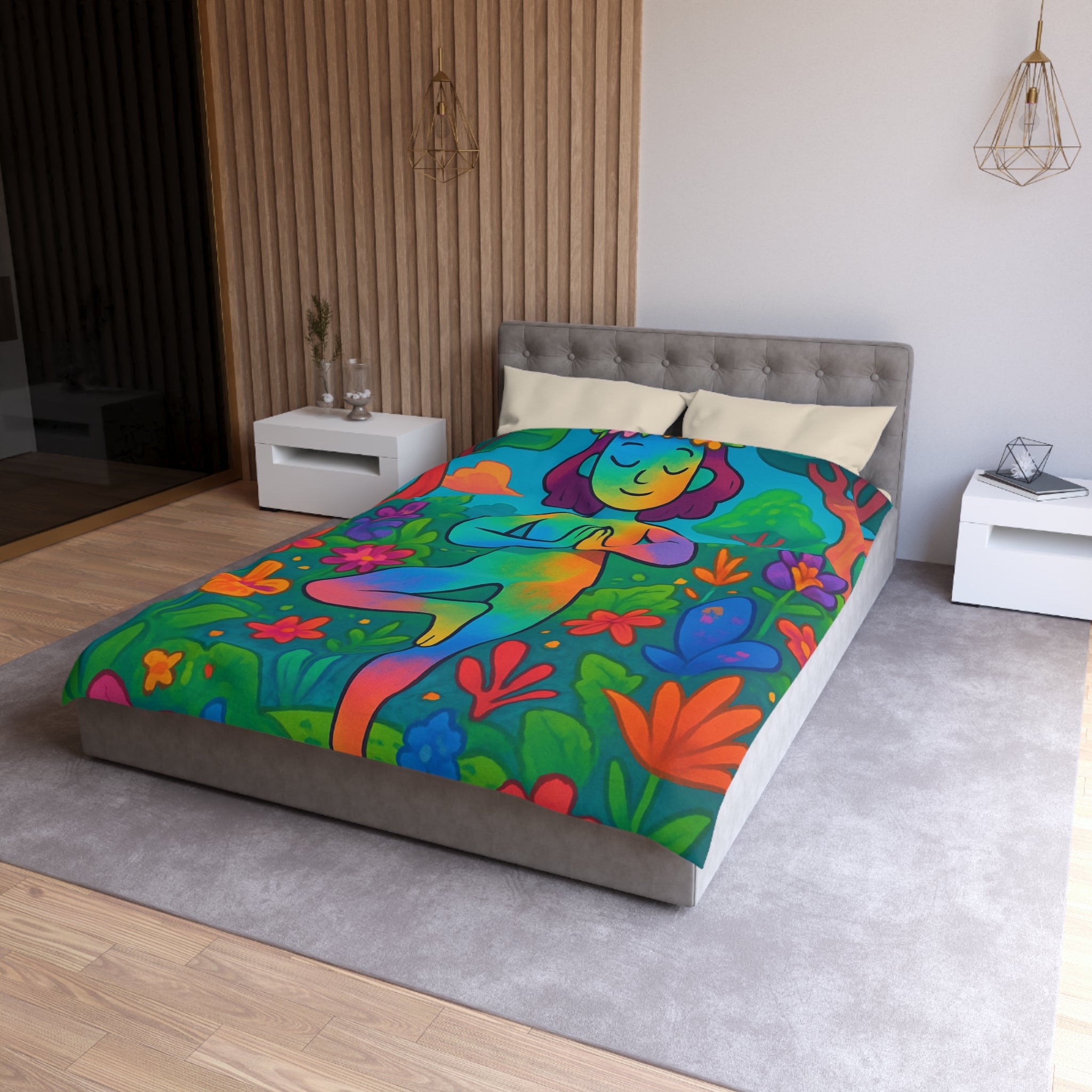 Housse de Couette avec Illustration Arc-en-Ciel d’une Personne Pratiquant le Yoga en Nature