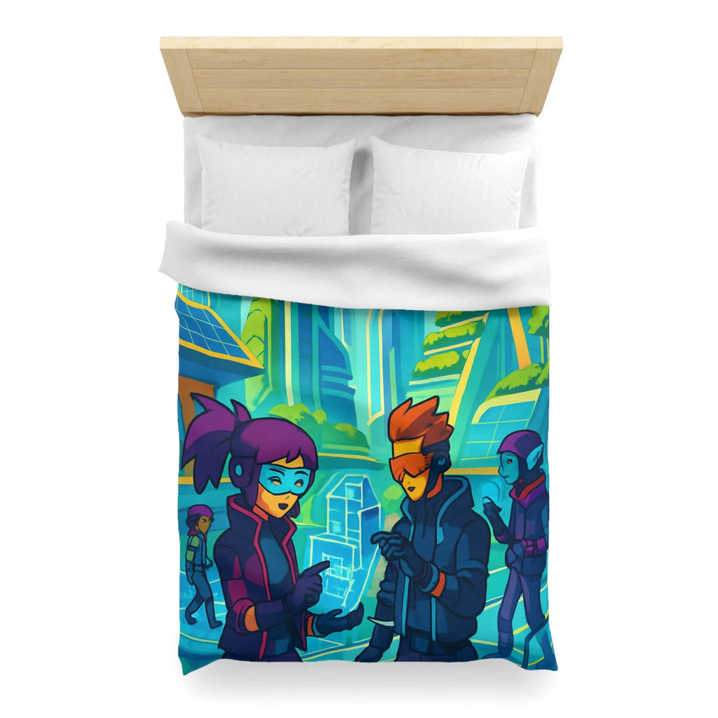 Housse de couette futuriste avec design coloré et thème urbain science-fiction moderne