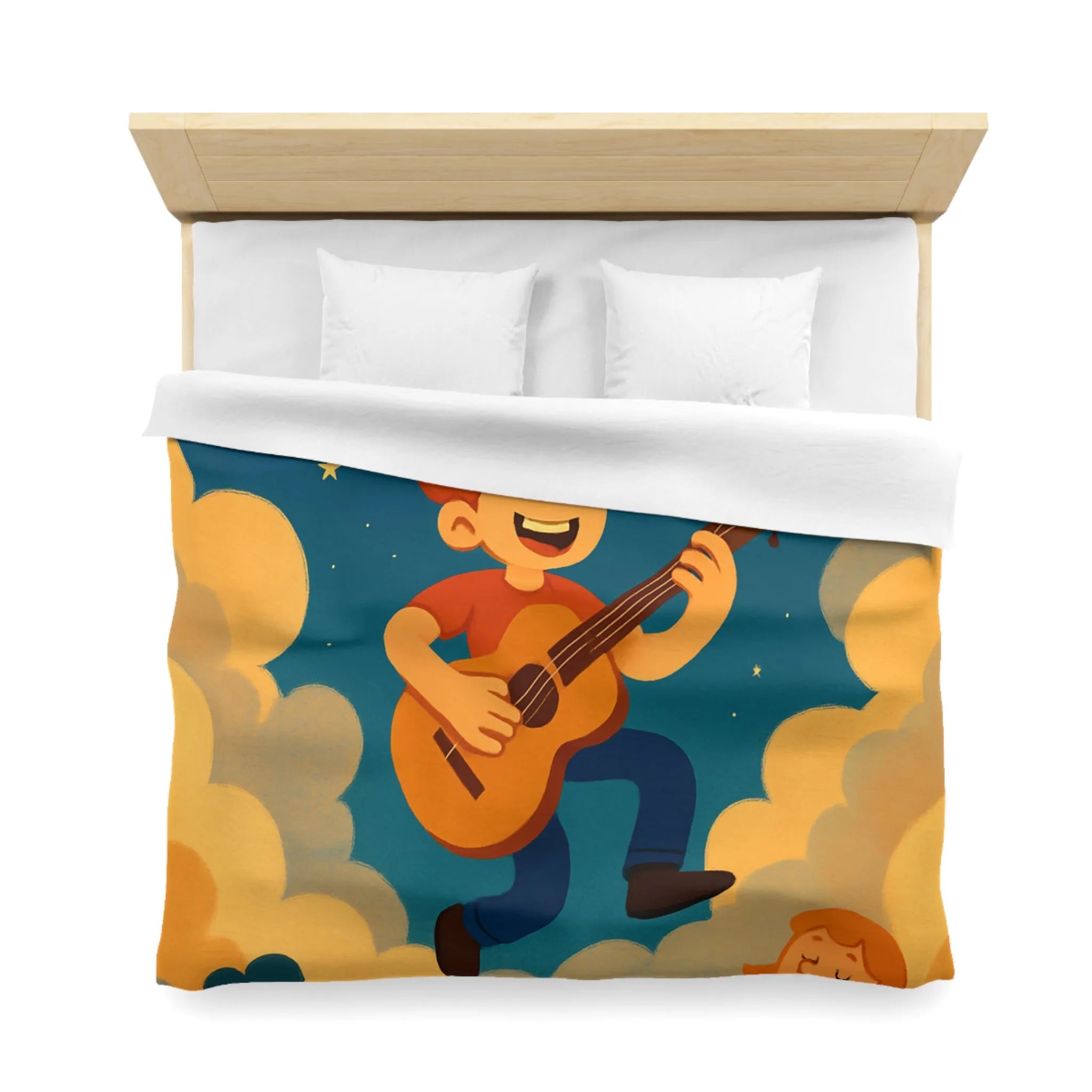 Housse de couette colorée avec musiciens joyeux flottant parmi les nuages étoilés