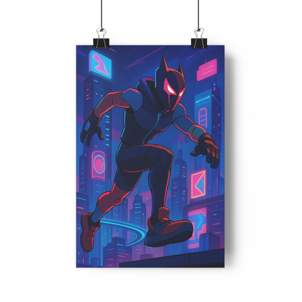 Poster décoratif héros urbain intrépide néon bleu rose dessin animé moderne dynamique bureau chambre