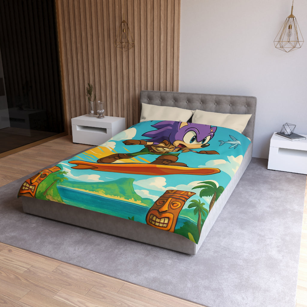Housse de couette vibrante avec héros aventureux sur plage tropicale paradisiaque