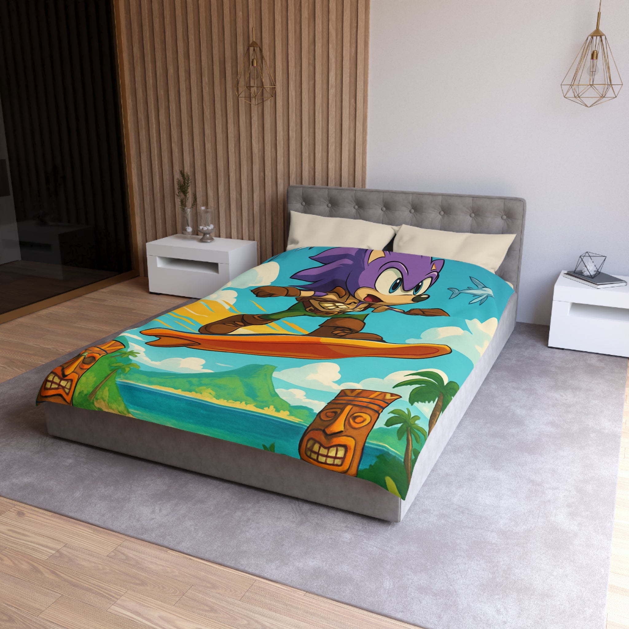 Housse de couette vibrante avec héros aventureux sur plage tropicale paradisiaque