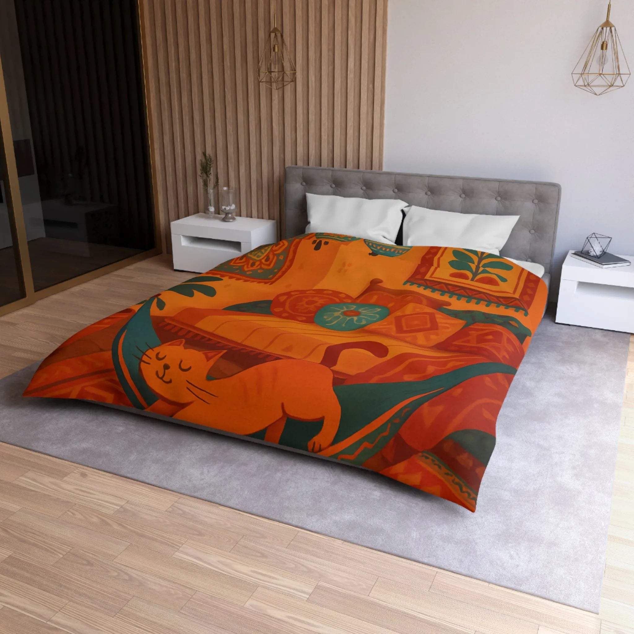 Housse de couette bohème avec motifs mandala et chat dans des tons chauds