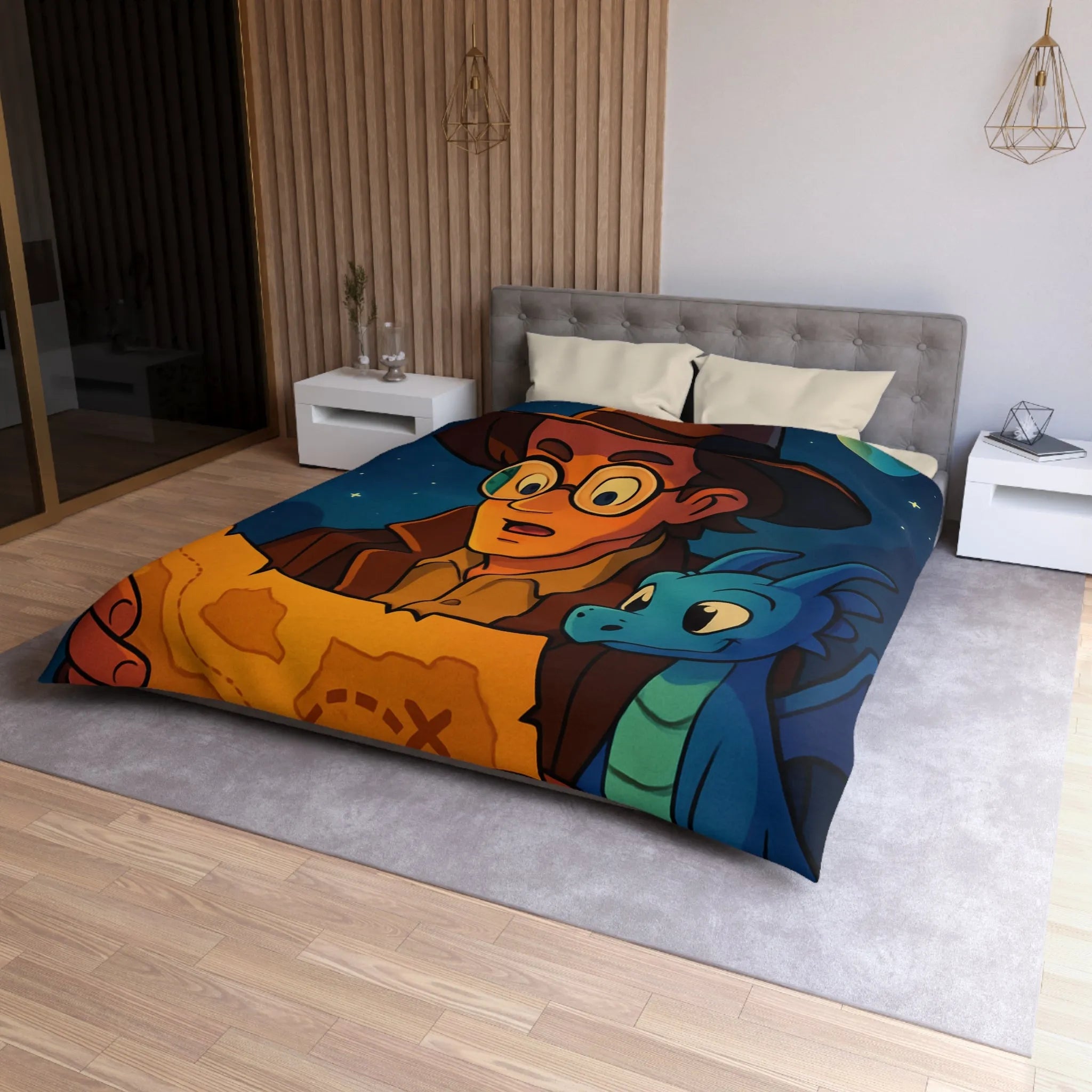 Aventure nocturne avec explorateur et dragon bleu sous planètes mystiques sur fond étoilé