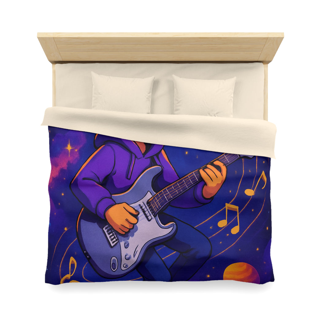 Housse de couette musicale avec planète, guitare et ciel cosmique coloré, ambiance rêveuse