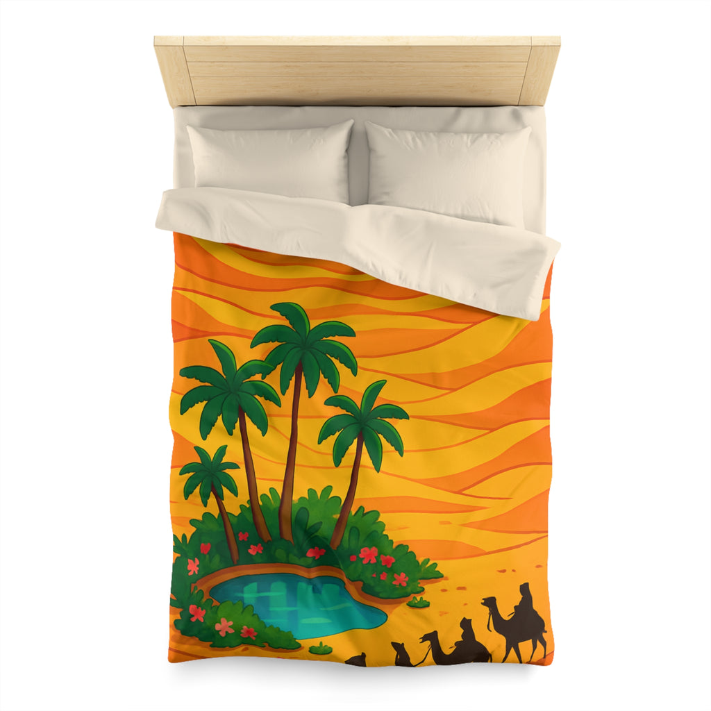 Sublime coucher de soleil désertique avec oasis et caravanes de chameaux en ombres chinoises