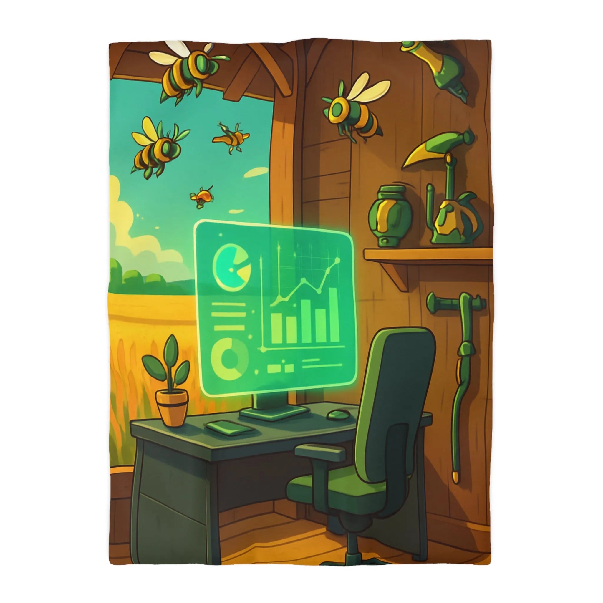 Housse de couette avec design moderne d'abeilles et station de travail futuriste