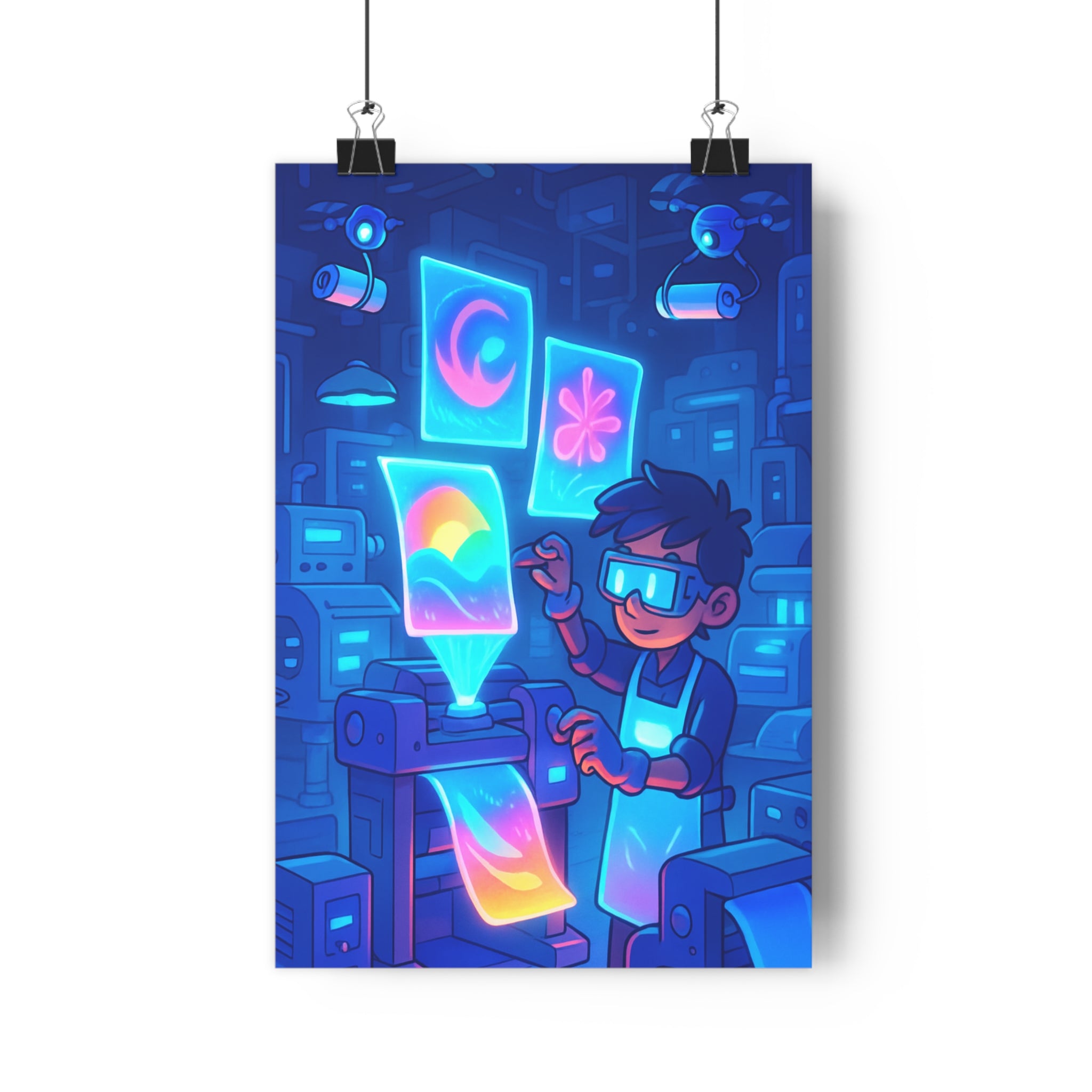 Poster décoratif futuriste néon bleu rose jaune salon bureau hightech tendance innovation moderne ambiance