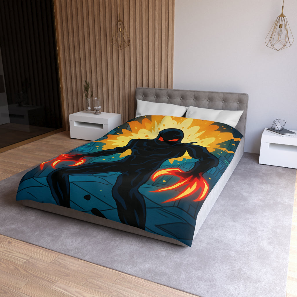 Housse de couette sombre avec créature enflammée aux griffes lumineuses