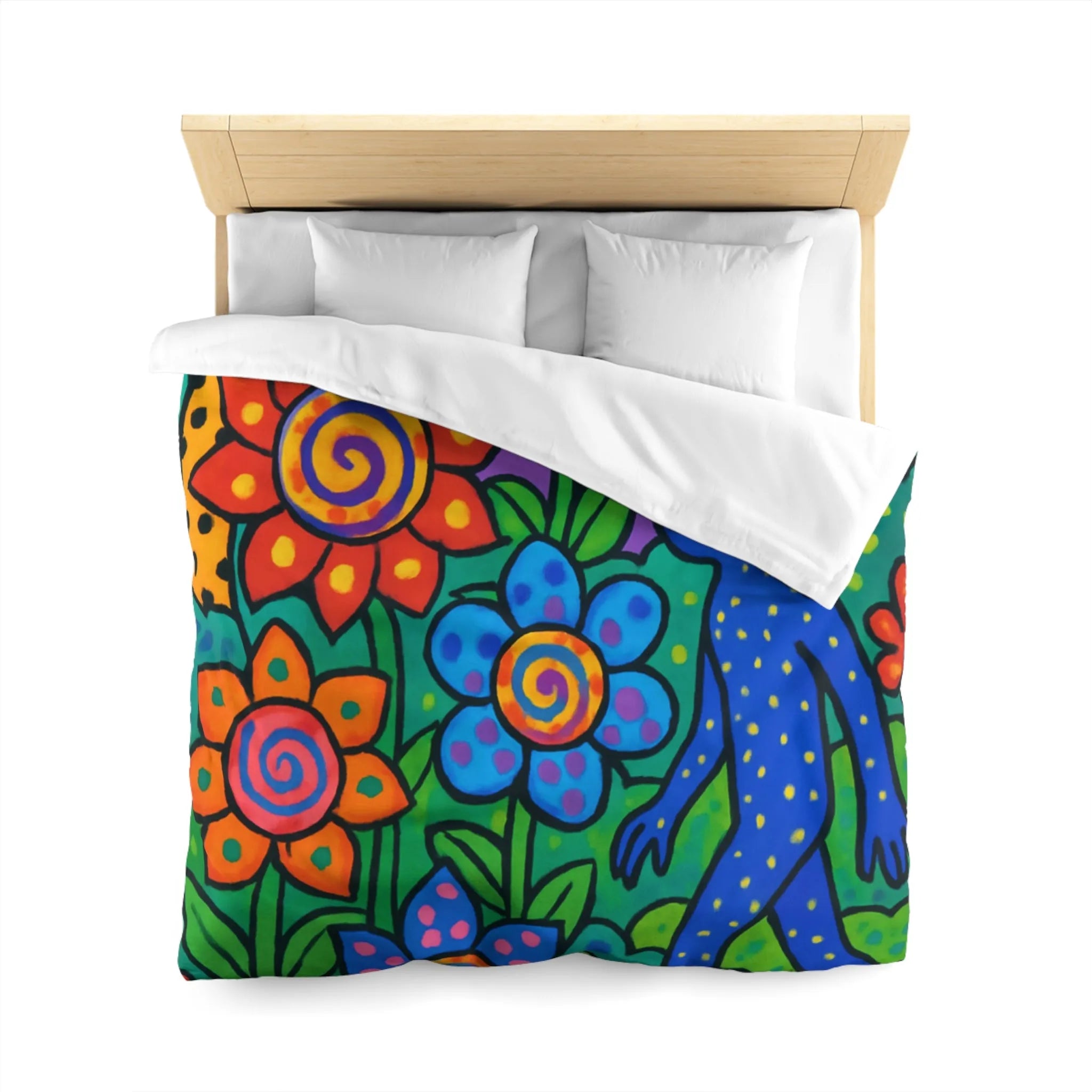 Housse de couette joyeuse avec motifs floraux et créature colorée en jungle vibrante