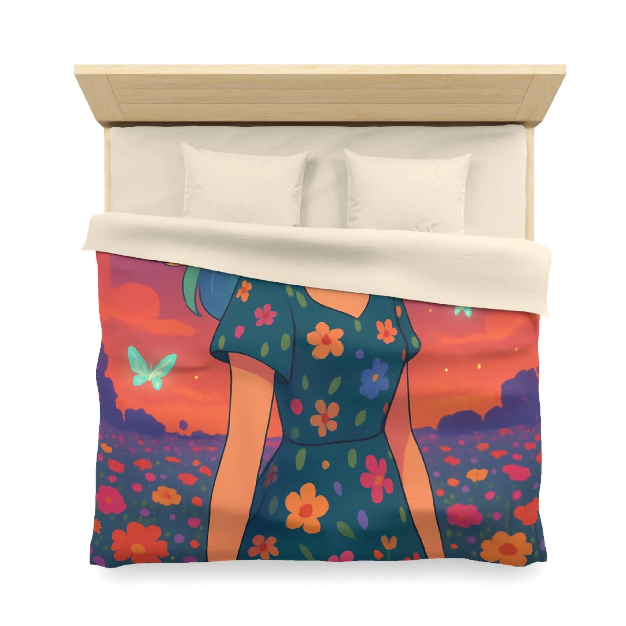 Housse de couette artistique avec fille et papillons dans champ fleuri vibrant