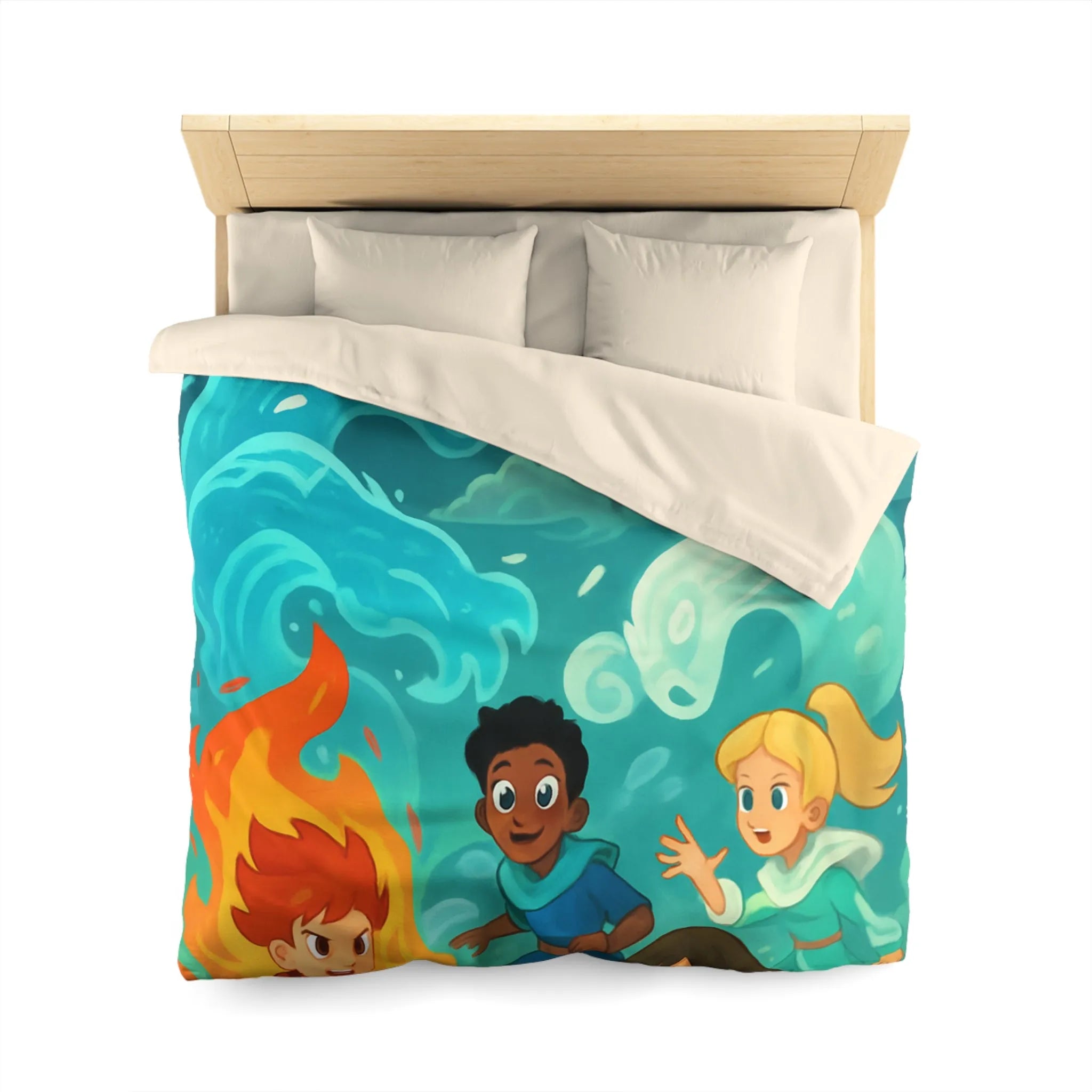 Housse de couette avec illustration de jeunes héros des éléments devant un château magique