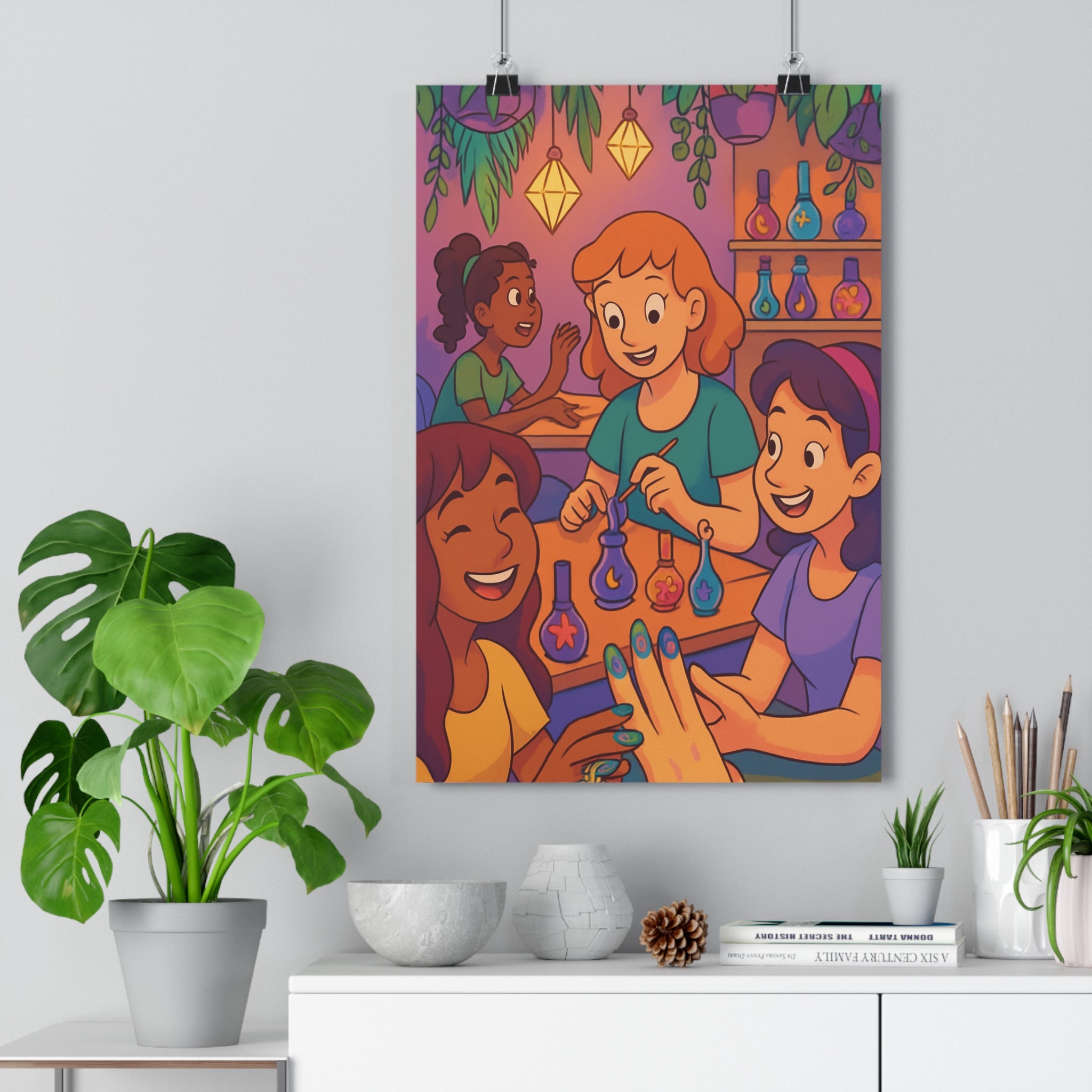 Poster décoratif cartoon violet turquoise jaune salon beauté joyeux ludique fantaisiste intérieur coloré ambiance