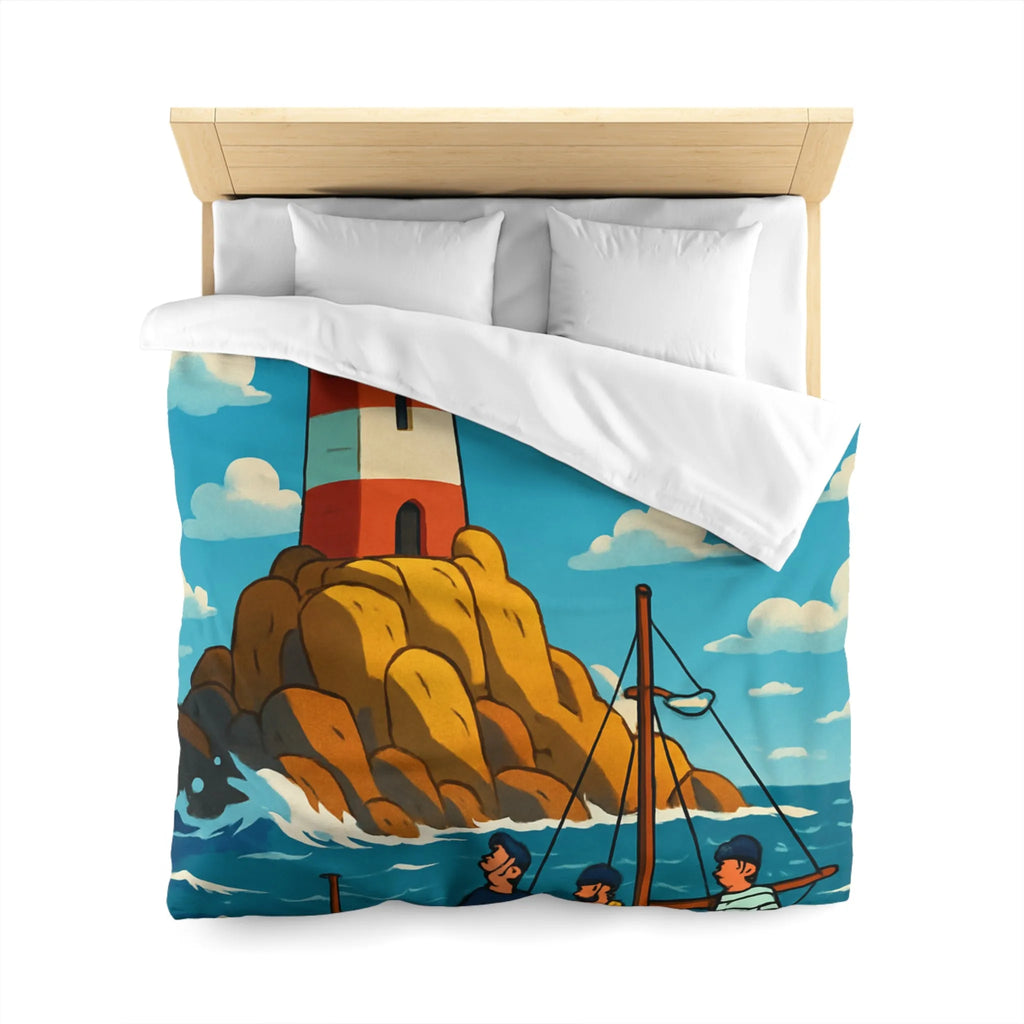 Housse de couette maritime avec phare, bateau et équipage sur mer agitée