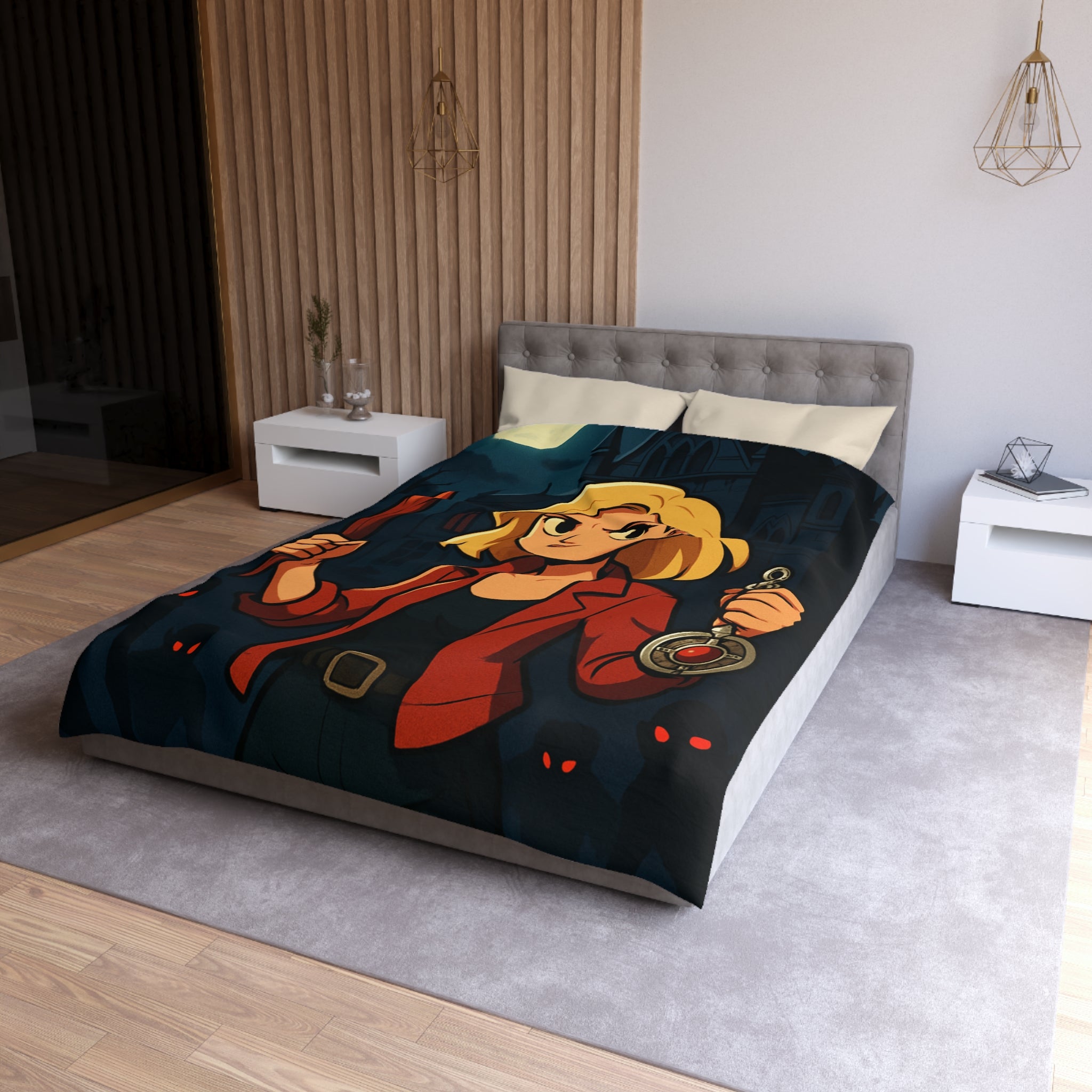 Housse de couette mystérieuse avec scène de château effrayant, pleine lune et silhouette combattive