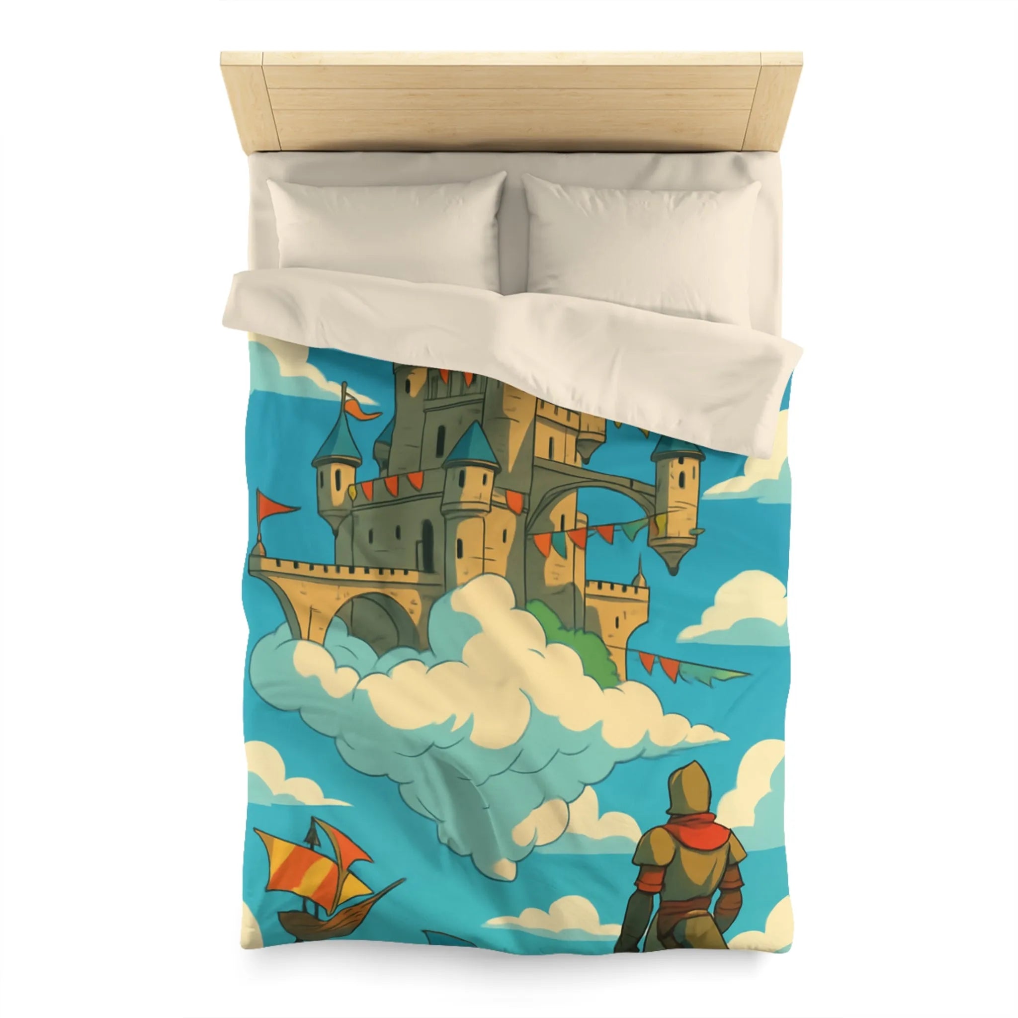 Housse de couette avec château flottant dans le ciel, style fantaisie aventure.
