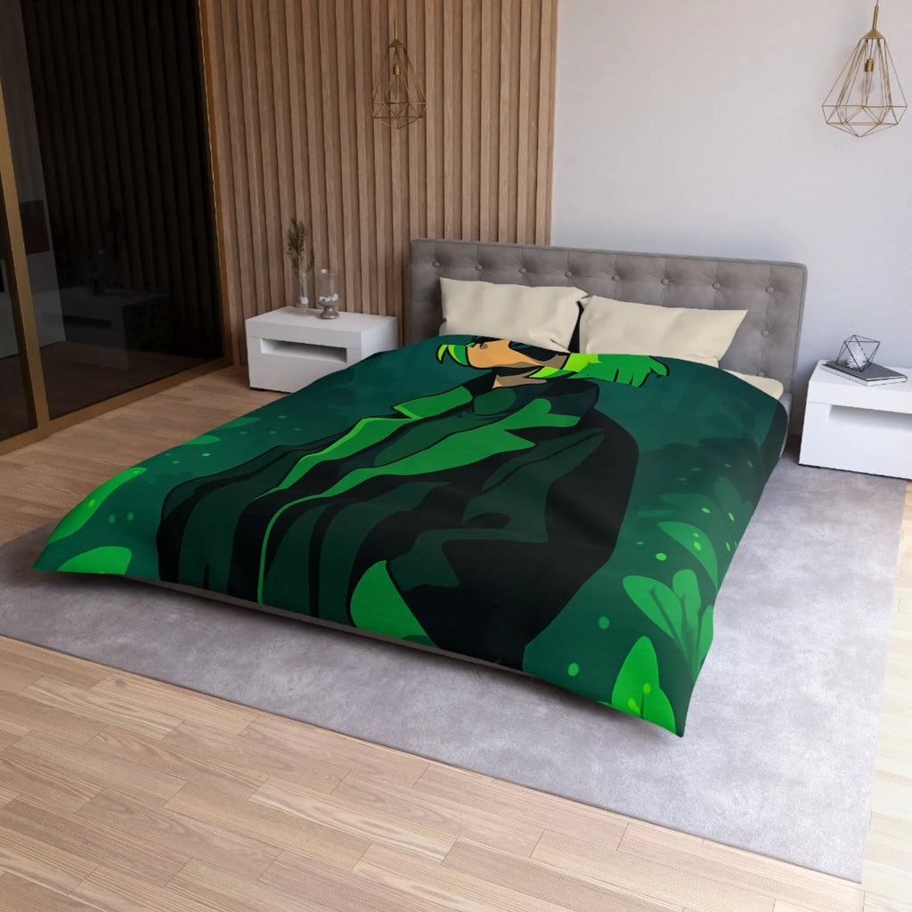 Housse de couette forêt graphique avec personnage mystérieux et nuances vertes élégantes