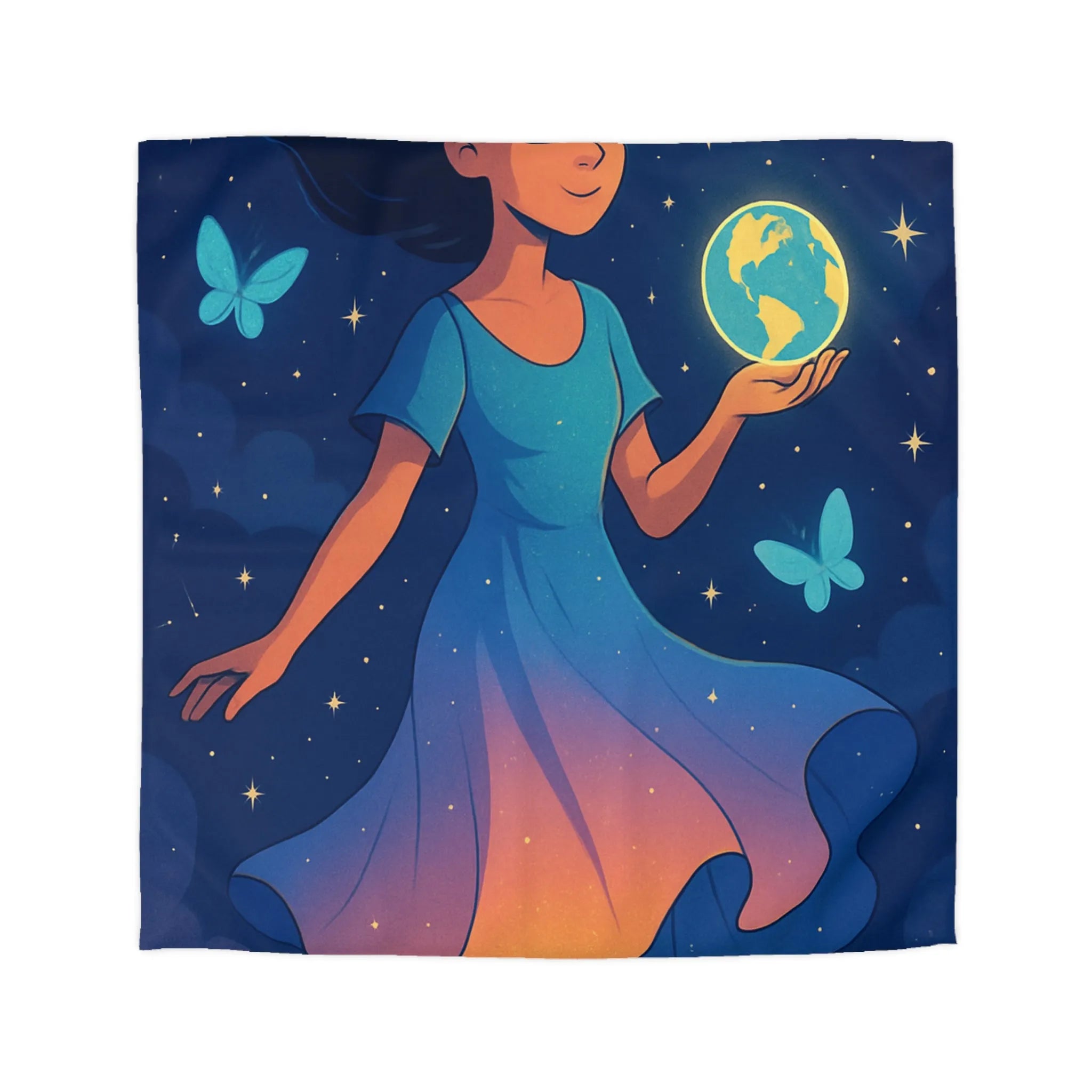 Housse de couette enfant rêve étoilé fille flottant avec globe et papillons