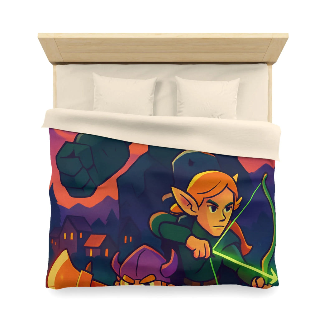 Housse de Couette Fantastique avec Guerrier, Archer et Golem sous Aurores Boréales Éclatantes