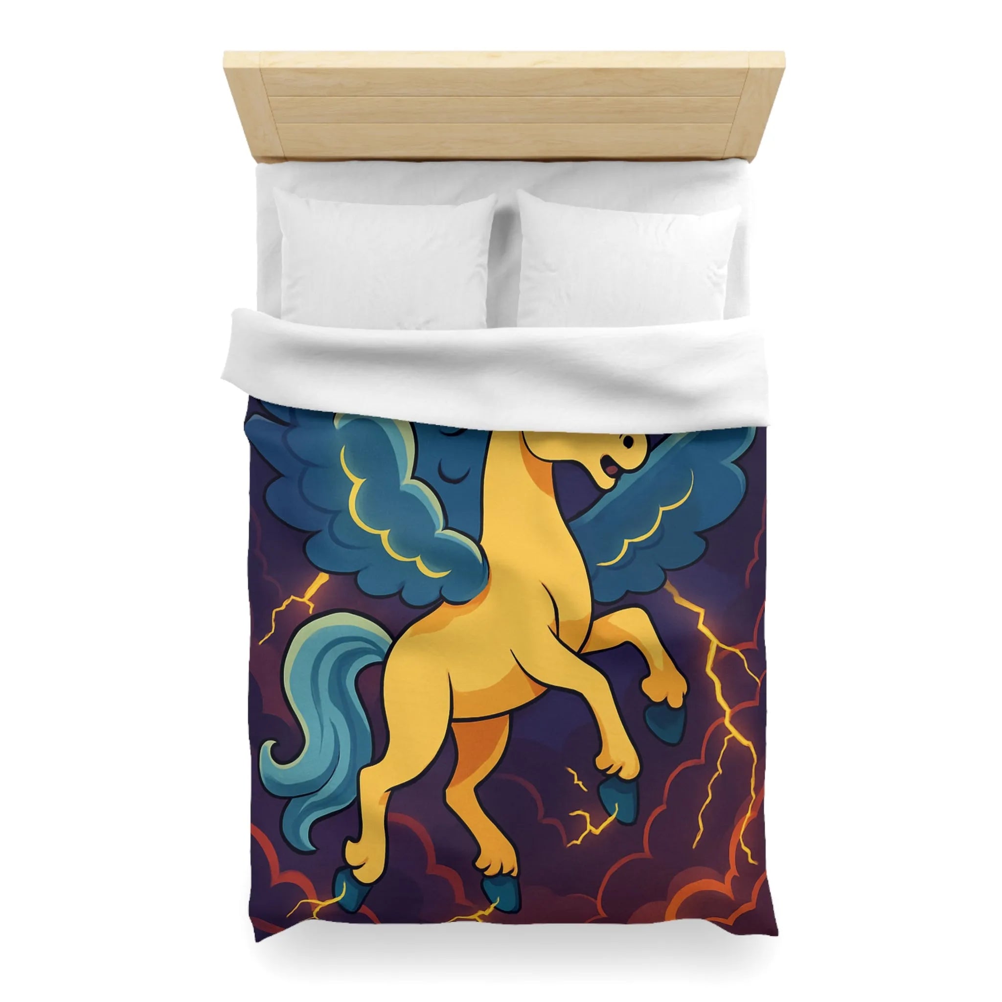 Housse de Couette Fantaisie Licorne Ailée avec Nuages Orageux et Éclairs Majestueux