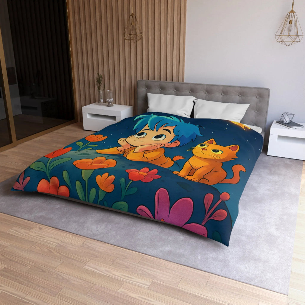 Housse de Couette Enfant Émerveillé Observant Papillons Lumineux sous Ciel Étoilé