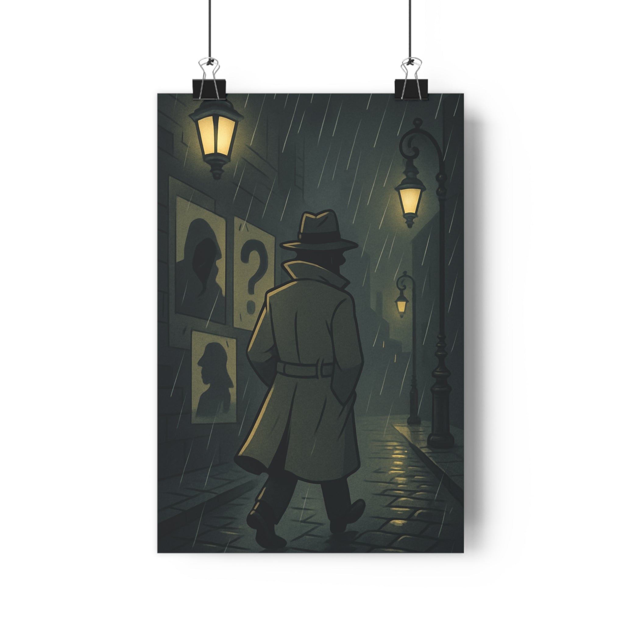Poster décoratif mystérieux film noir dessin animé sombre intrigue imperméable chapeau pluie rue silhouette