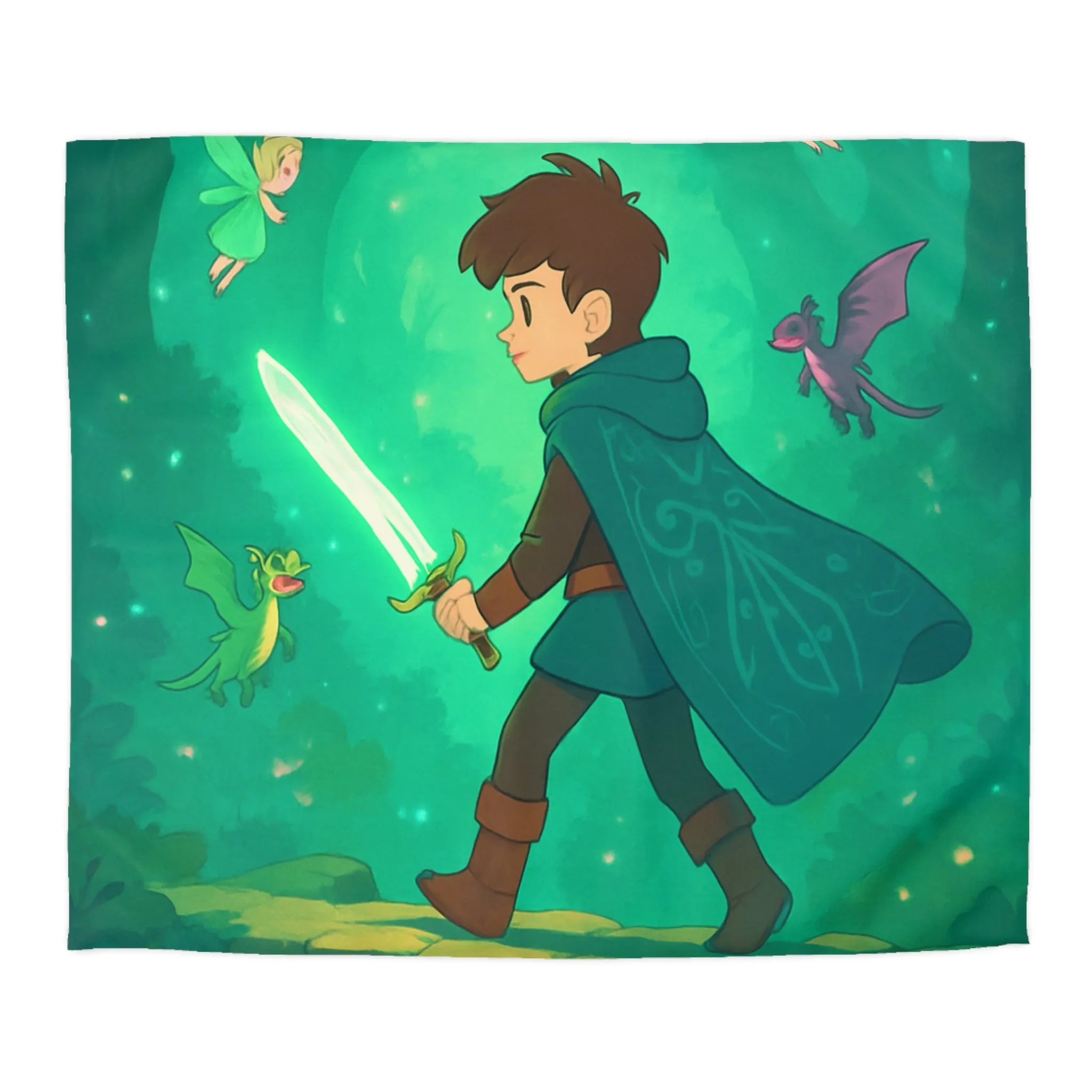 Housse de couette enfant magique avec épée lumineuse et créatures enchantées en forêt
