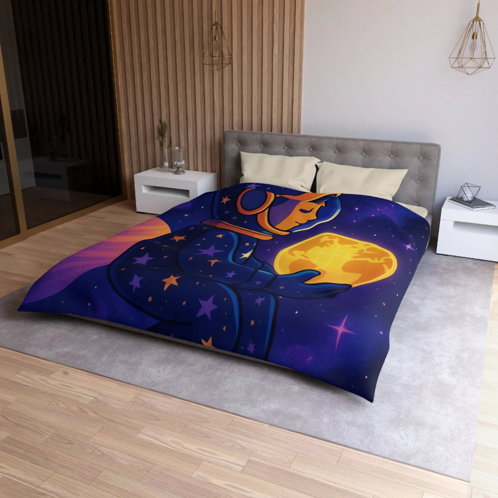 Housse de couette cosmos enfantine avec astronaute rêveur tenant une planète lumineuse