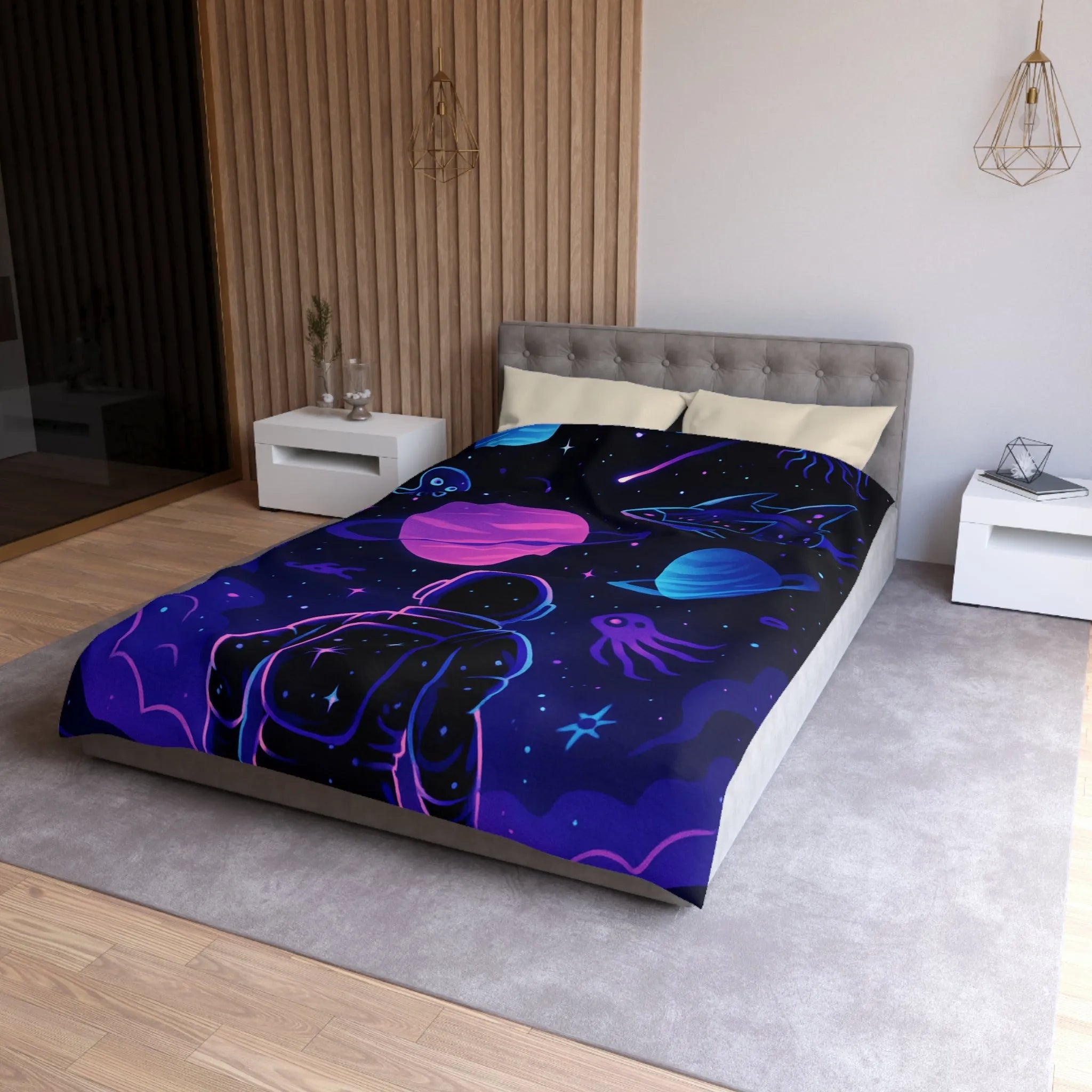 Housse de couette cosmique colorée avec astronaute, planètes et motifs galactiques rêveurs