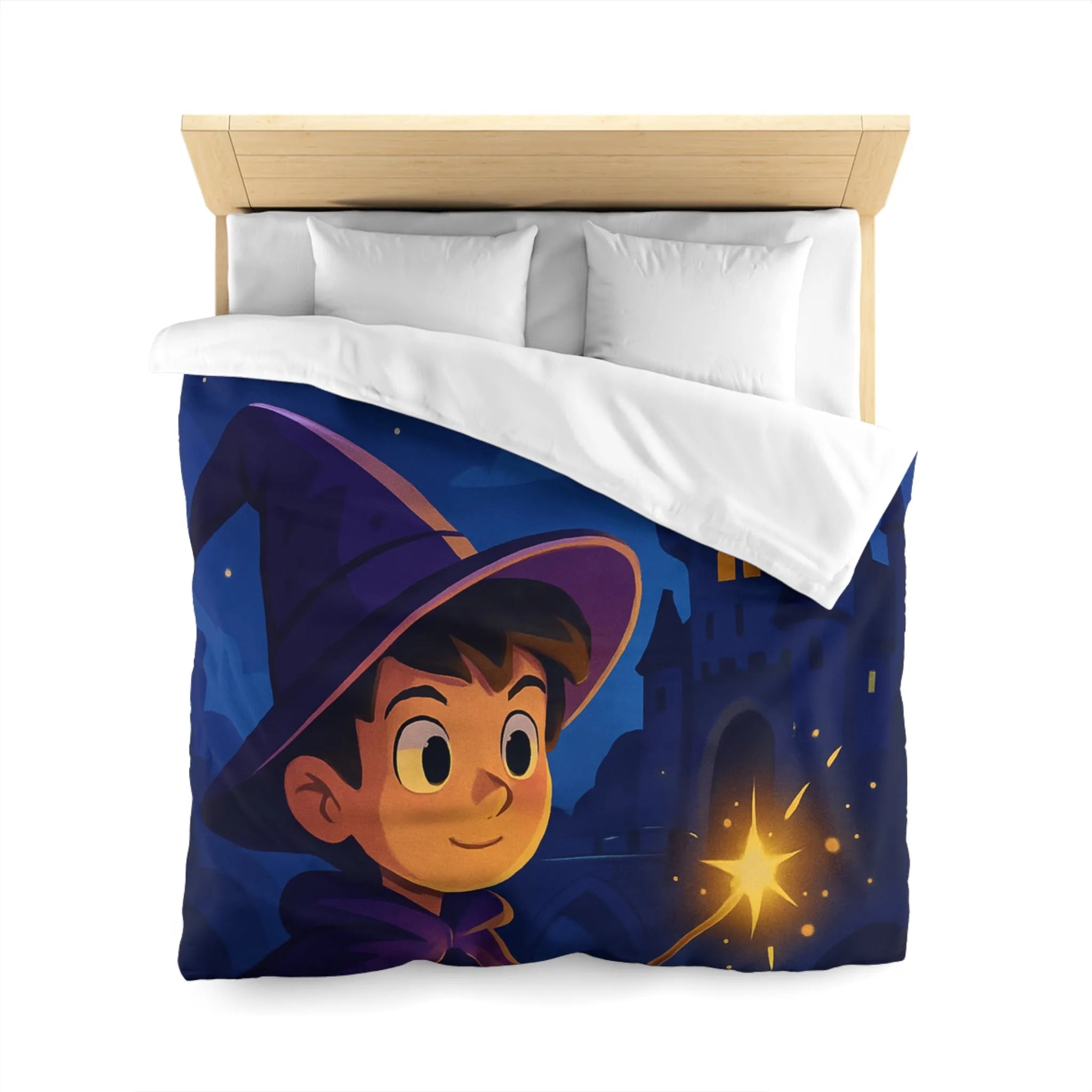 Housse de couette magique pour enfant avec jeune sorcier et château enchanté
