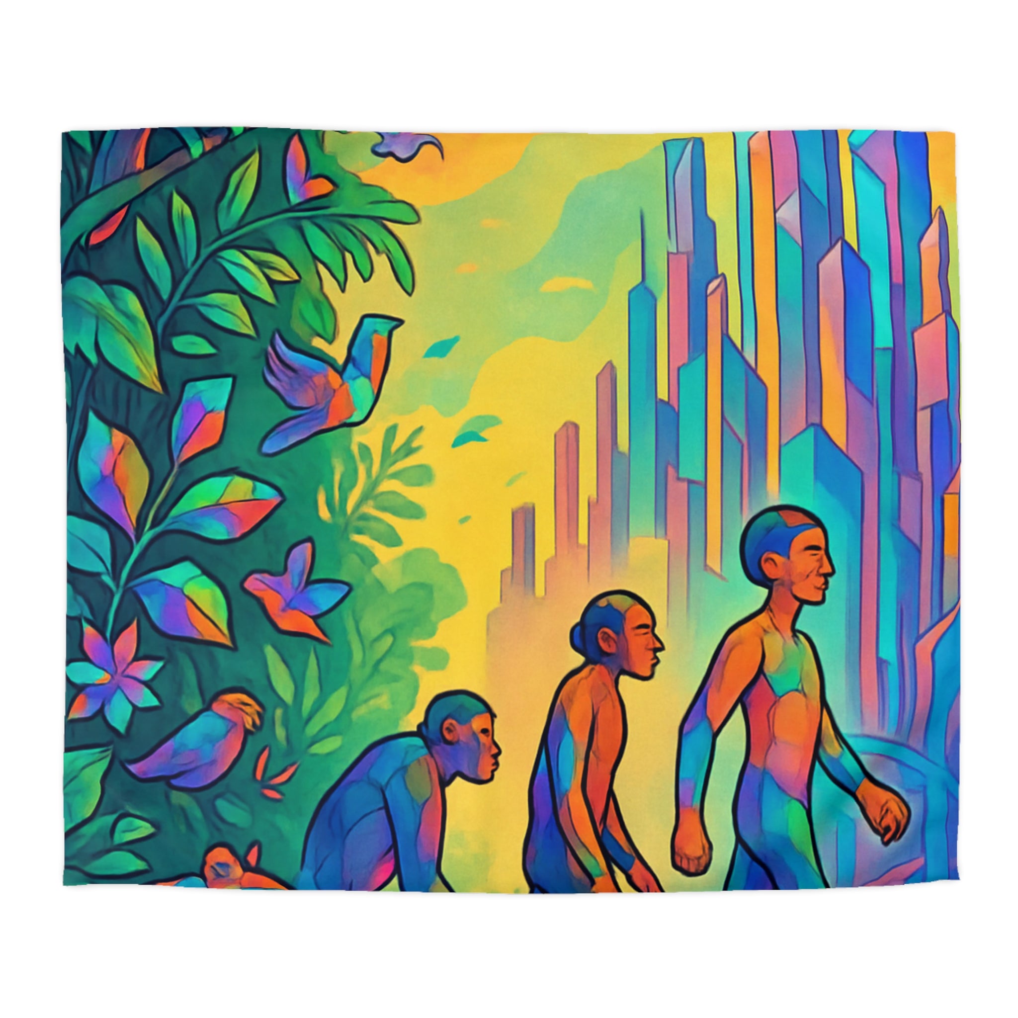 Housse de couette vibrante d'évolution humaine sur fond de jungle et de gratte-ciel