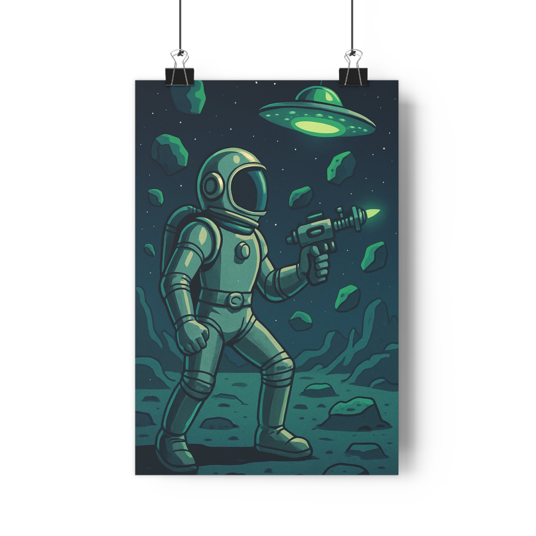 Poster décoratif rétro futuriste vert bleu astronaute aventure cartoon bureau chambre espace 30x46 qualité