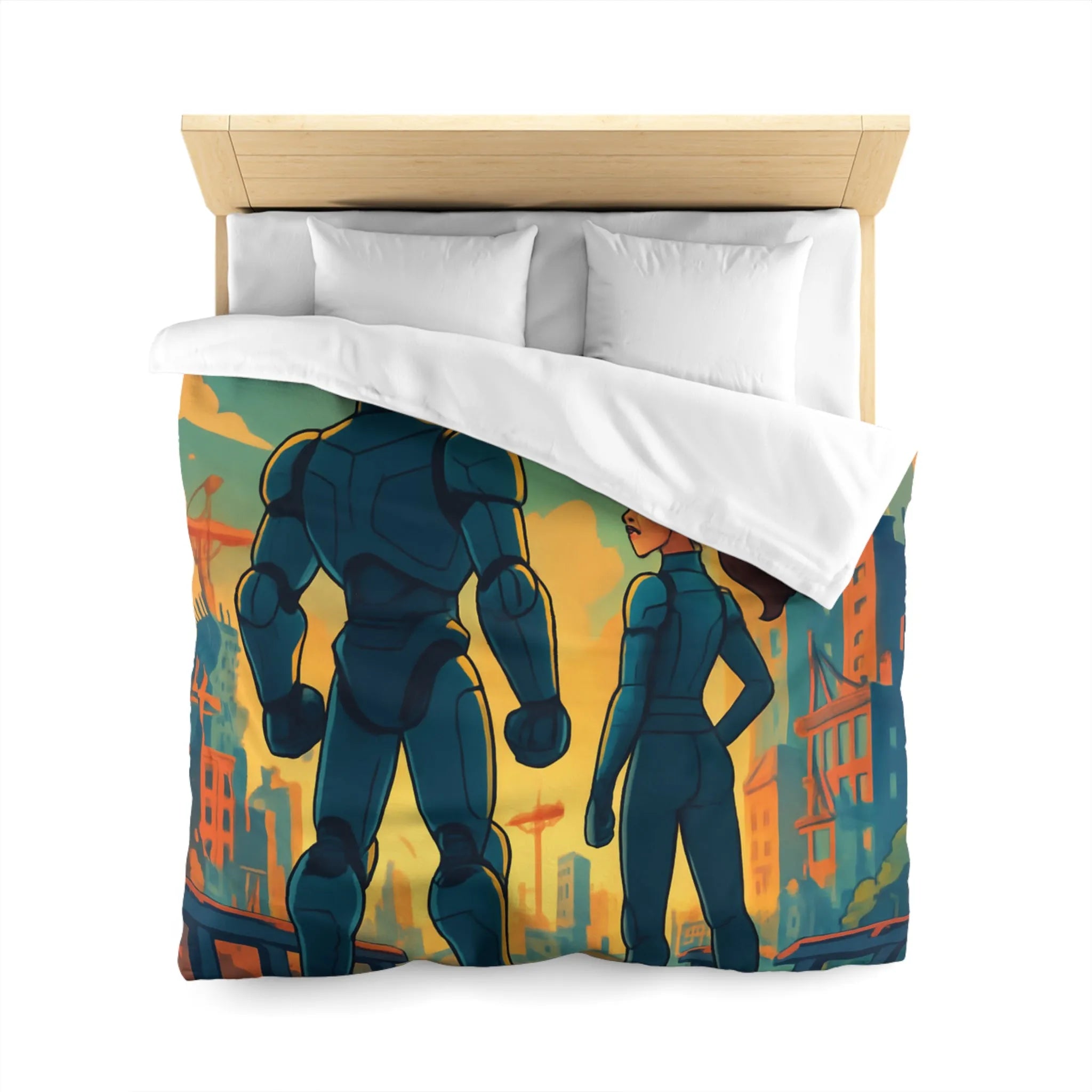 Housse de Couette Fine Imprimée Feux d’Artifice et Futuriste Ville Robotique Dessinée