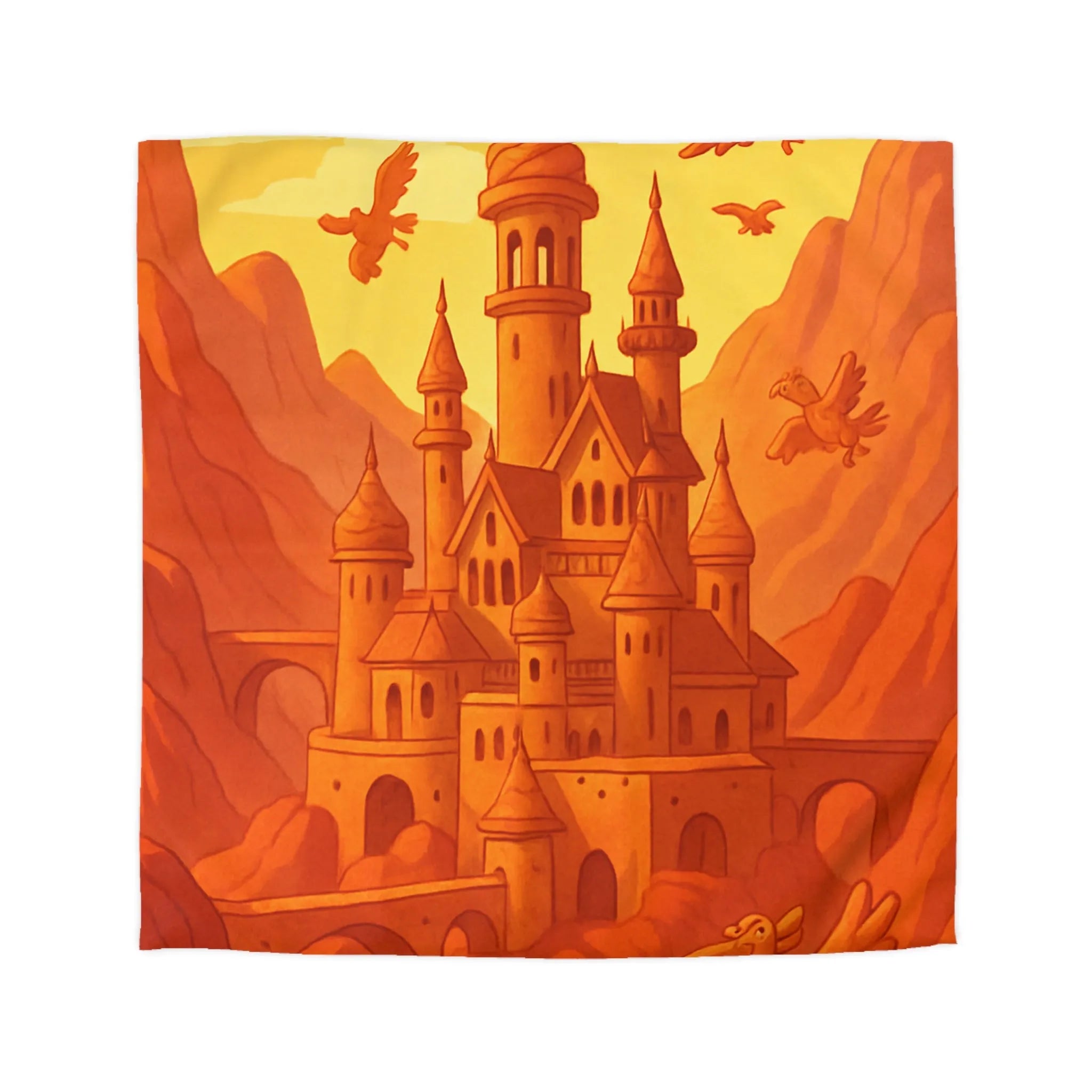 Housse de couette château féerique orange oiseaux volants paysage montagneux unique