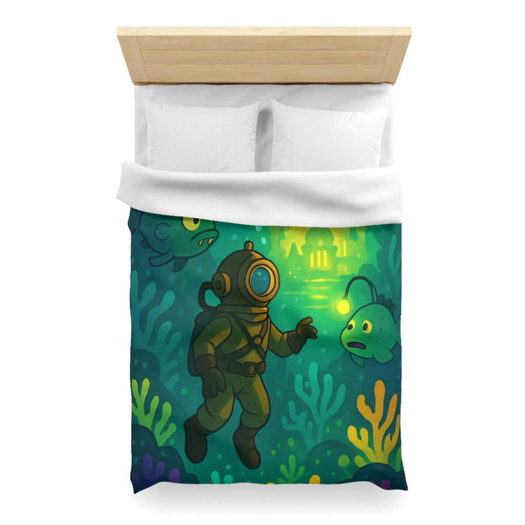 Décor de lit avec scaphandrier et poissons lumineux dans une cité sous-marine fantastique