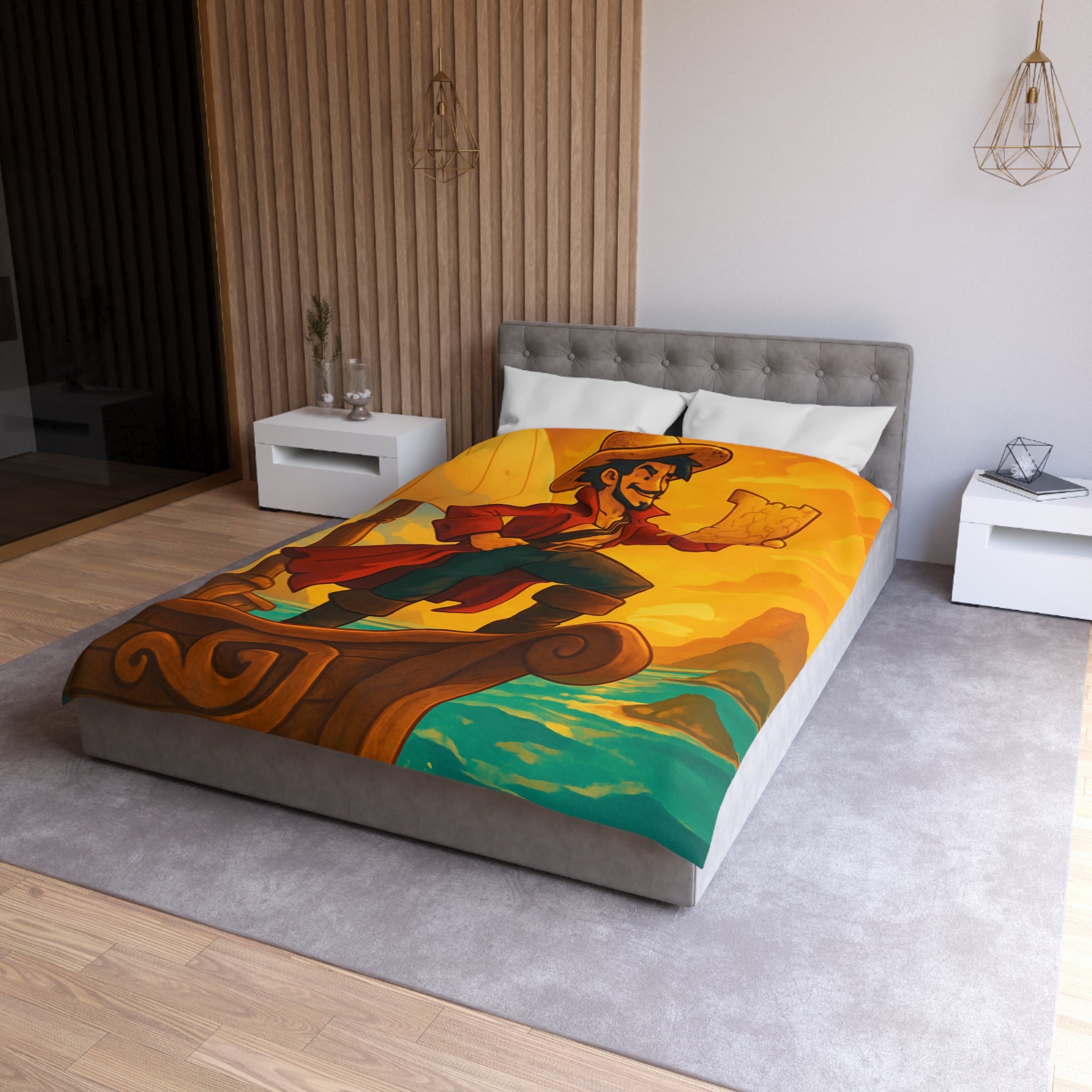 Housse de Couette Pirate Aventurier sur Bateau en Mer au Coucher du Soleil