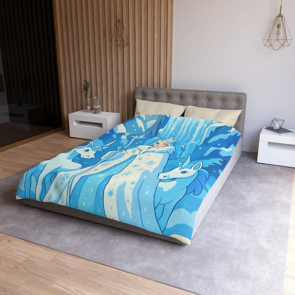 Housse de couette féerique avec reine des neiges, licornes et cascade magique