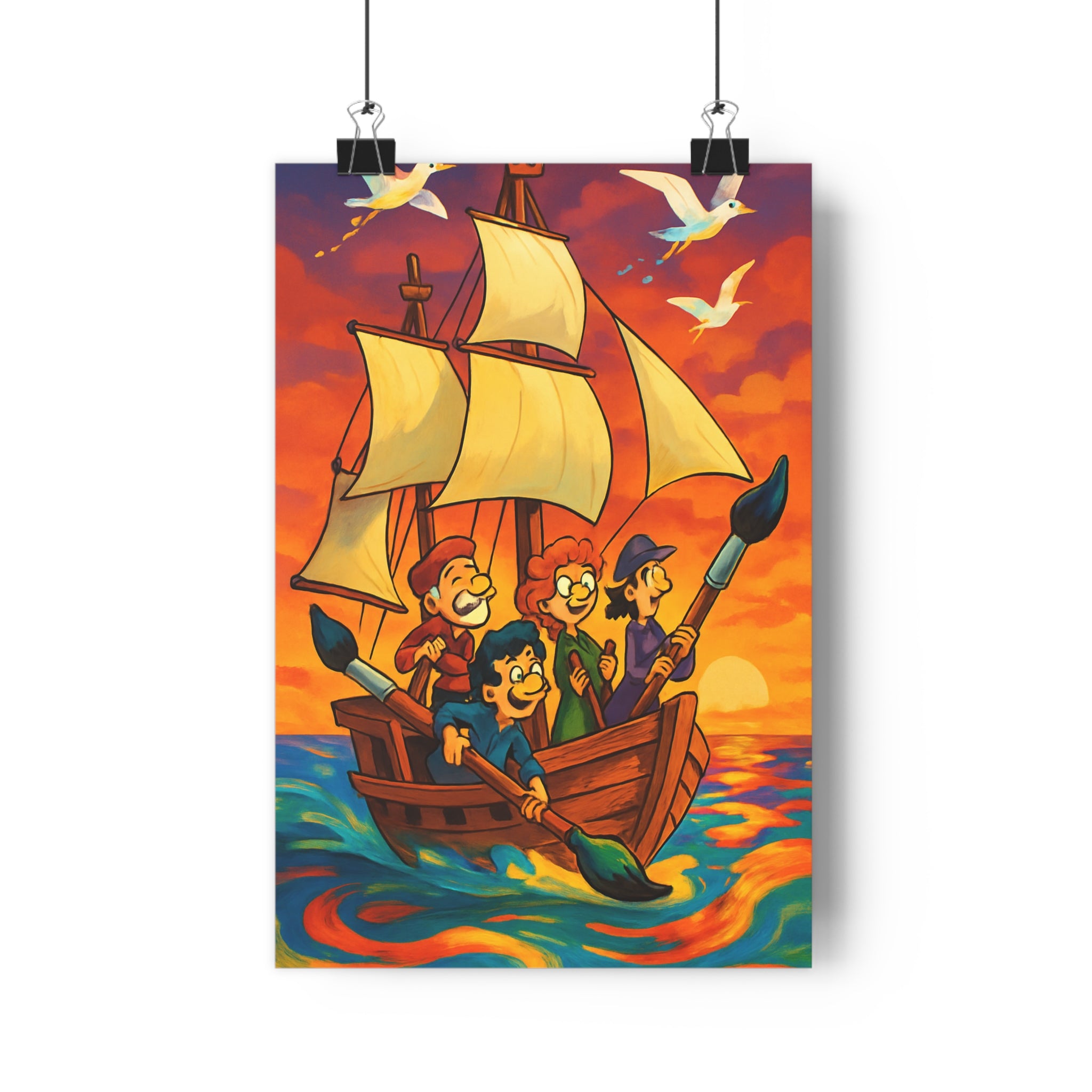 Poster décoratif cartoon orange jaune joyeux aventure chambre salon conte fées nautique vibrant coloré