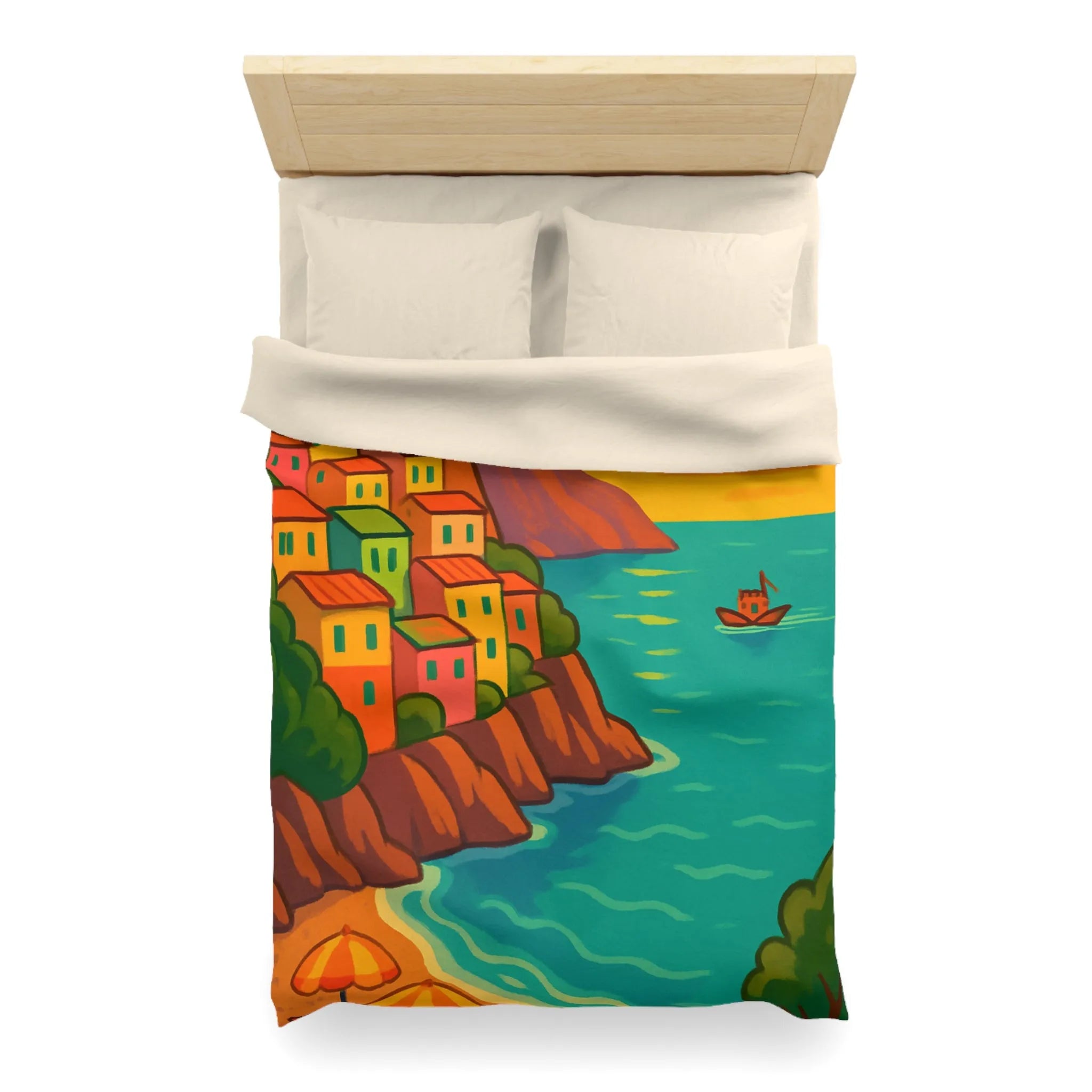 Housse de couette avec paysage côtier éclatant sous coucher de soleil vibrant et artistique