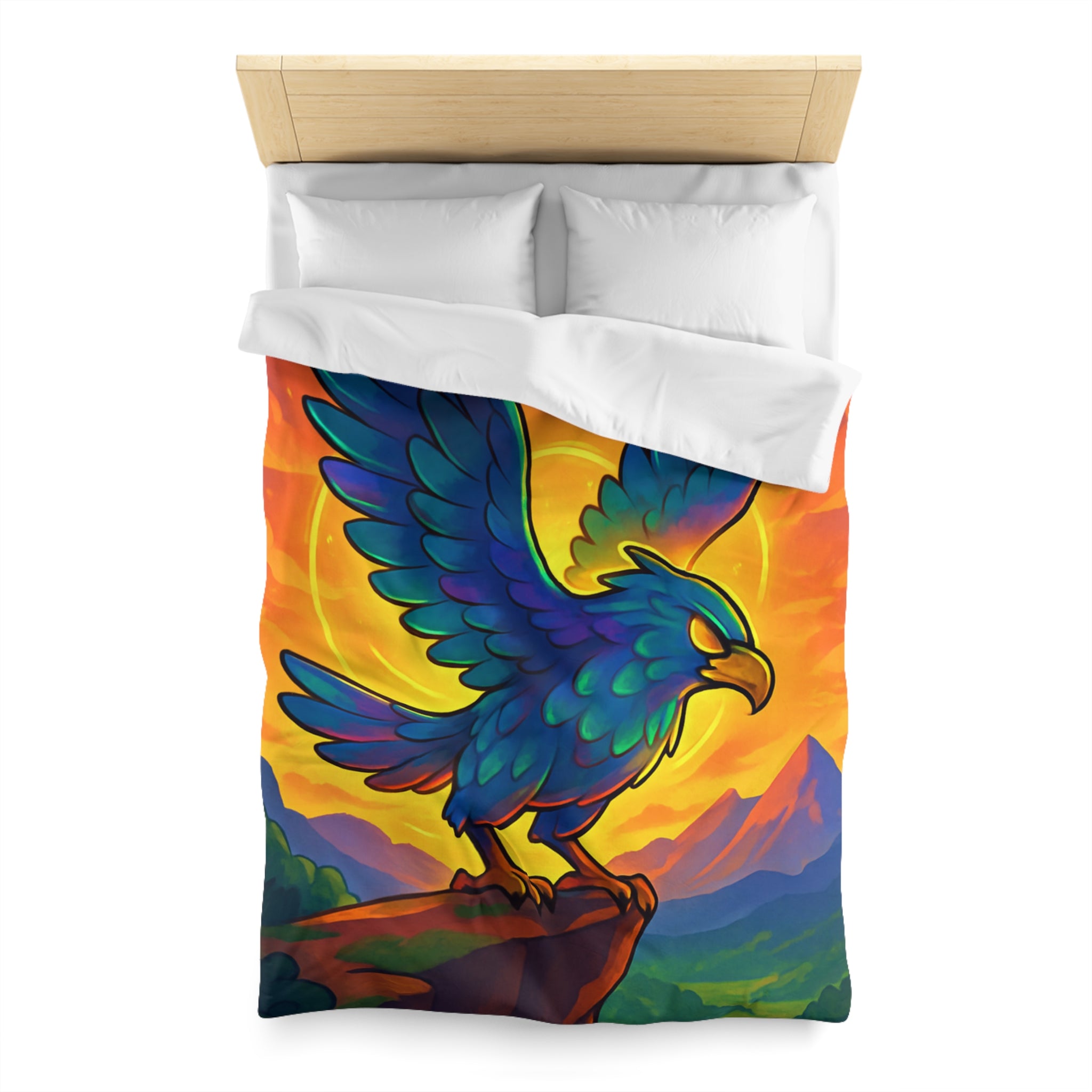 Housse de couette montagneuse avec aigle majestueux et vue spectaculaire au lever du soleil