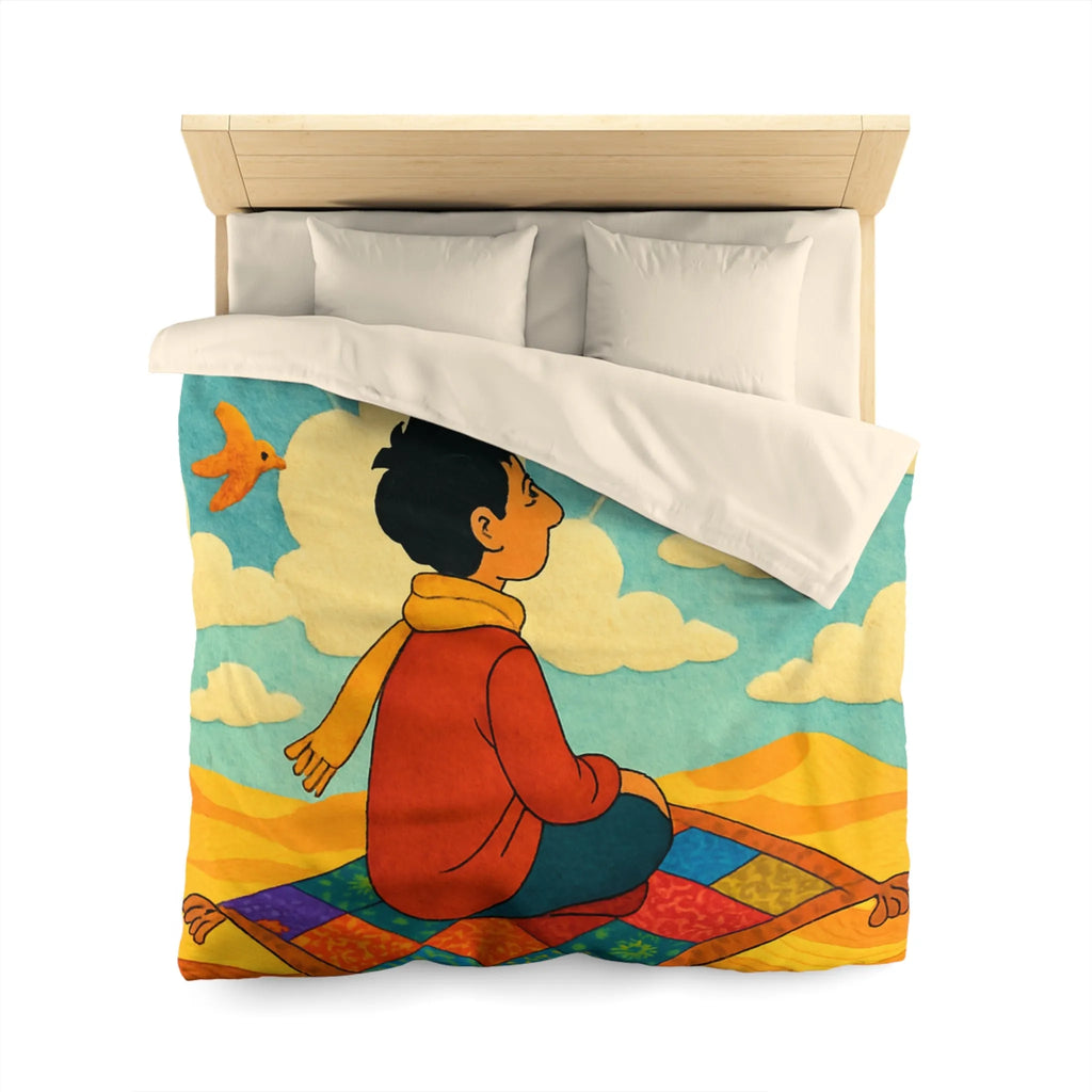 Housse de couette magique avec tapis volant et oiseaux colorés dans le ciel